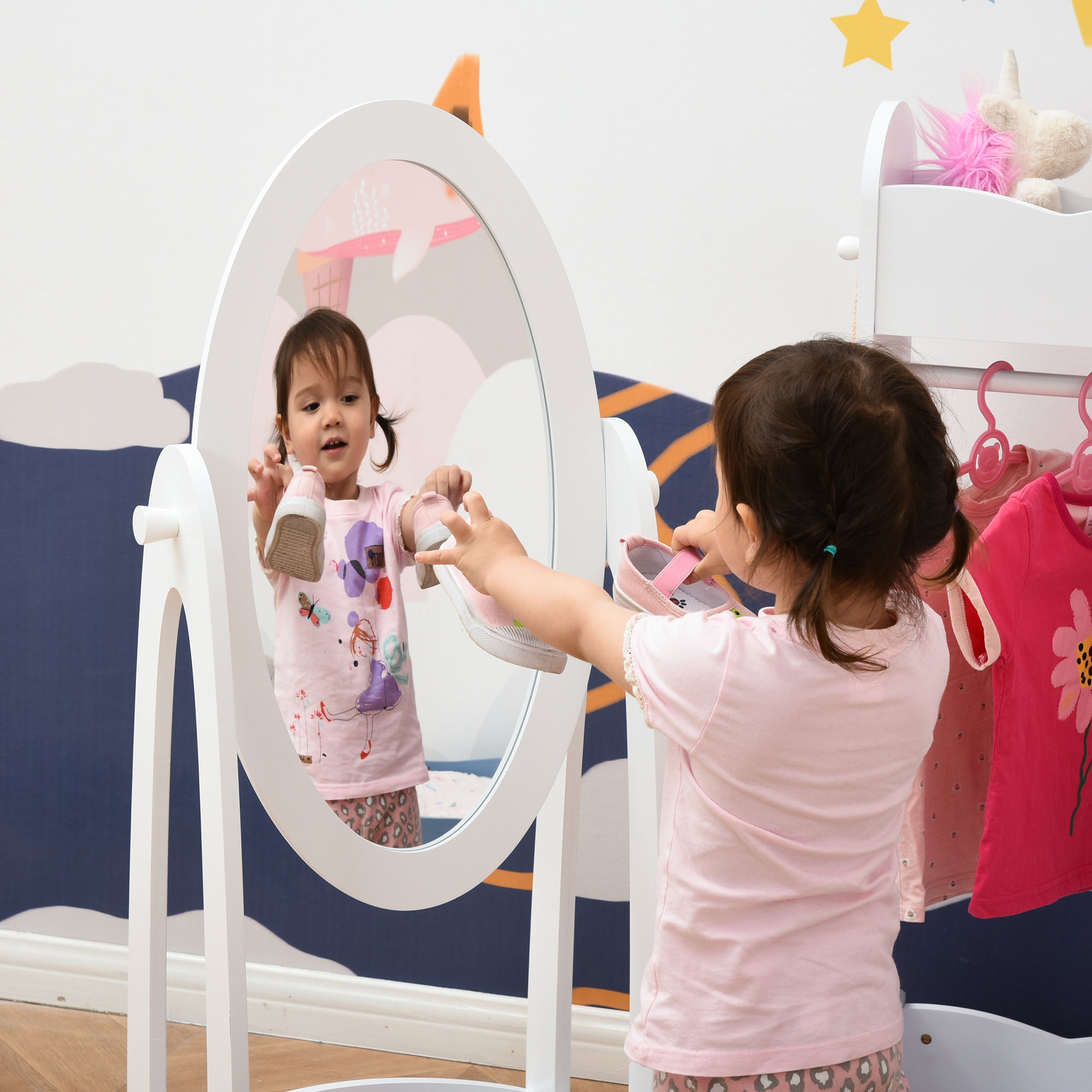 HOMCOM Free Standing Full Length Mirror, Child's Dressing Mirror with storage shelf, Children's White Bedroom Furniture 360° Rotation MDF, For 3- 8 Years Old, 40L x 30W x 104H cm - North Peak Garden Furniture