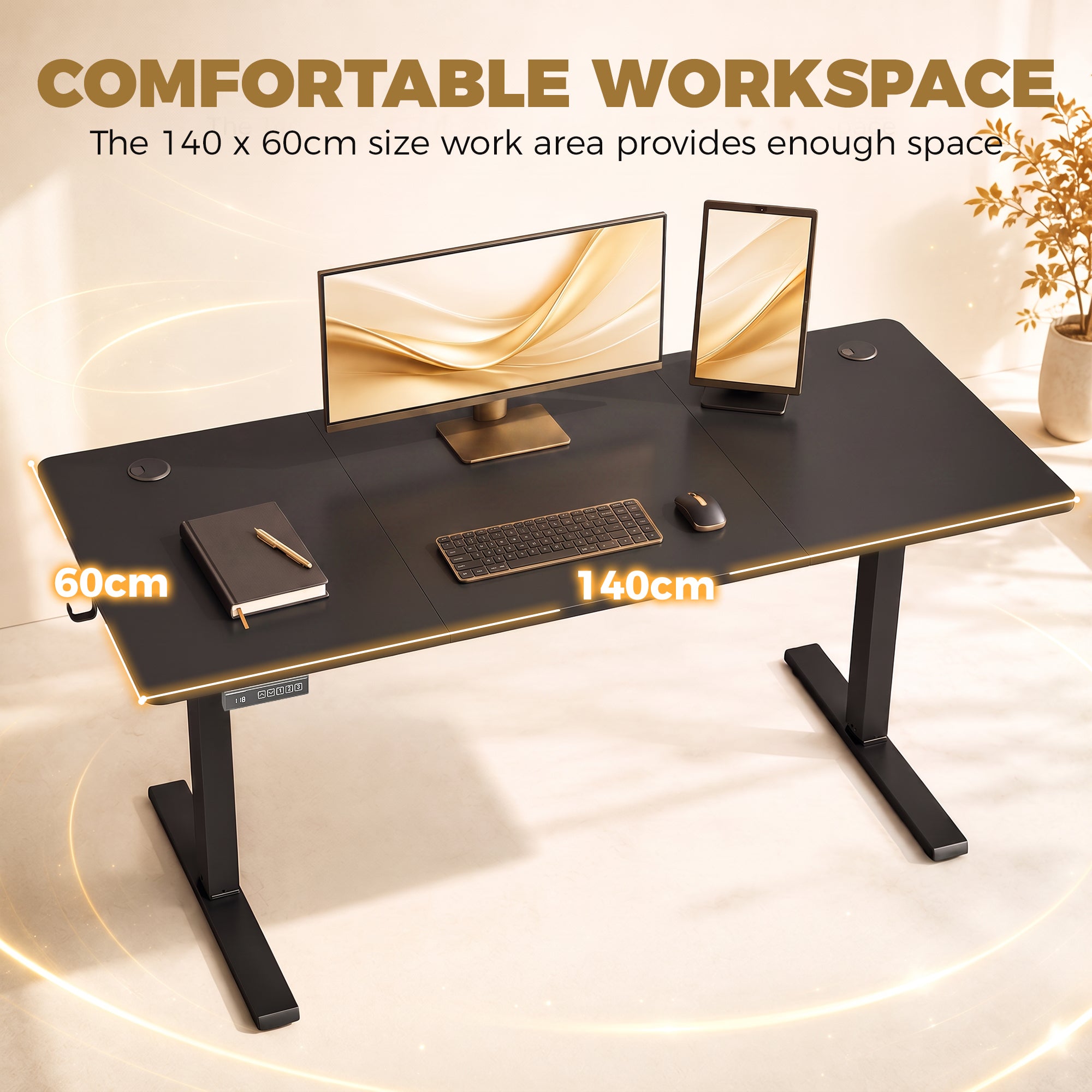 HOMCOM Standing Desk Memory Control Height Adjustable Desk 2 Cable Holes LED Display Sit Stand Desk Black