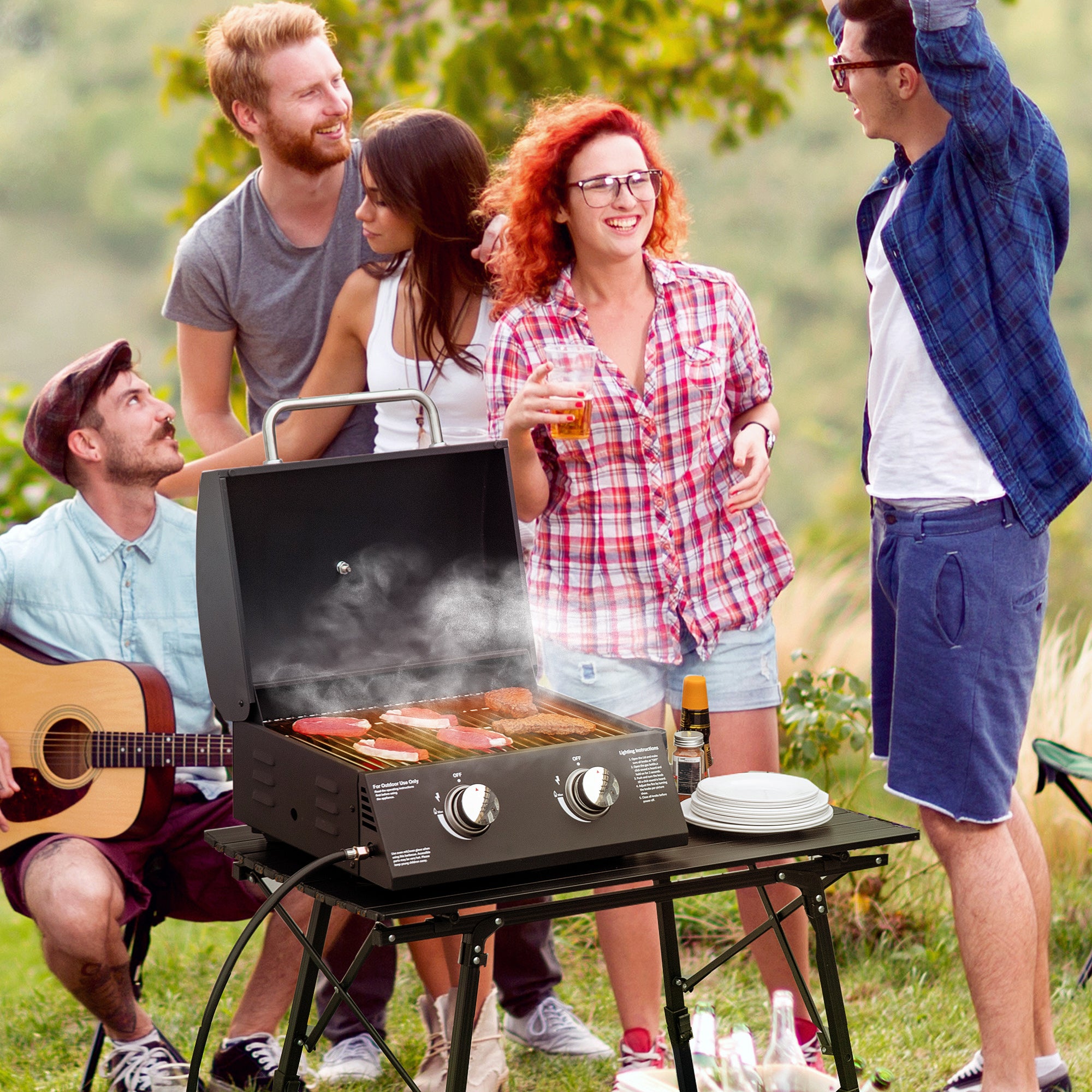 Outsunny 2 Burner Gas BBQ Grill Outdoor Portable Folding Tabletop Barbecue w/ Lid, Thermometer, Carbon Steel, Black - North Peak Garden Furniture