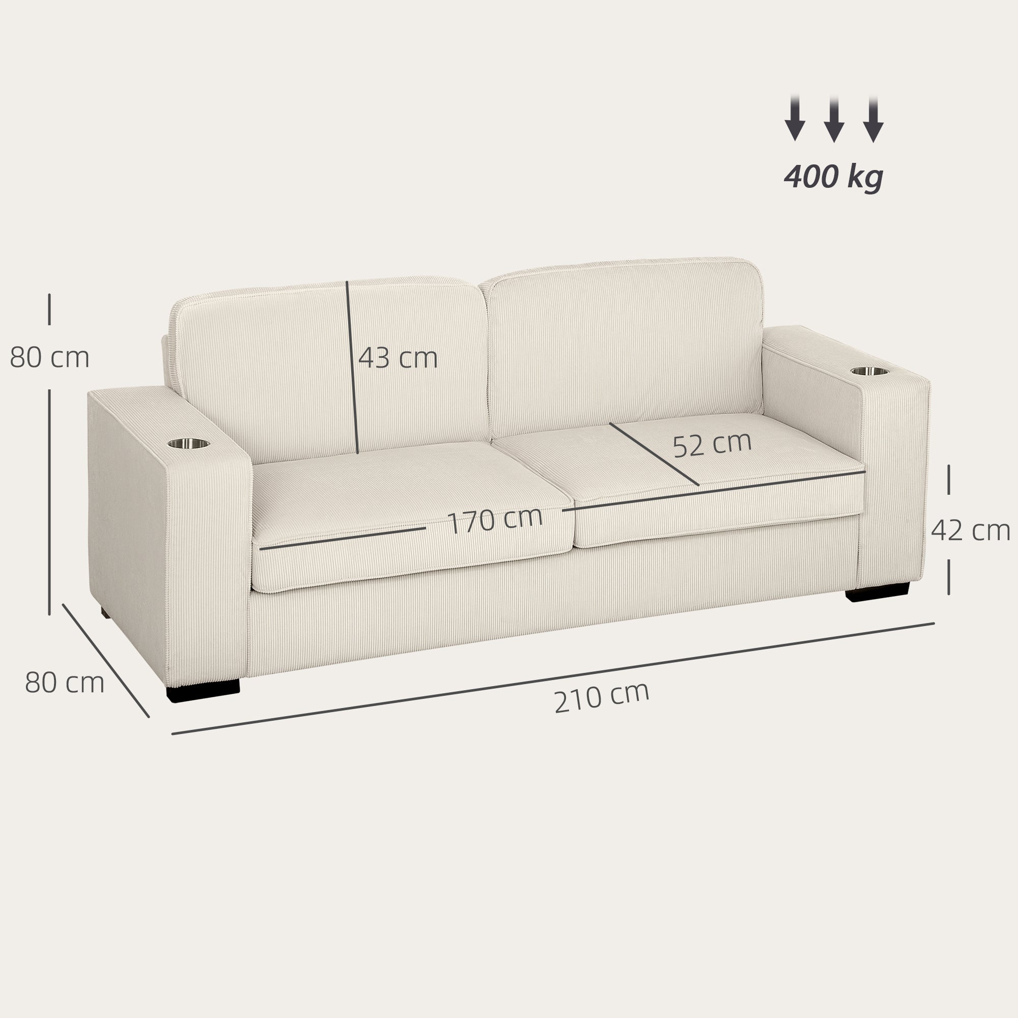 HOMCOM Three-Seater Corduroy Sofa - Cream White - North Peak Garden Furniture