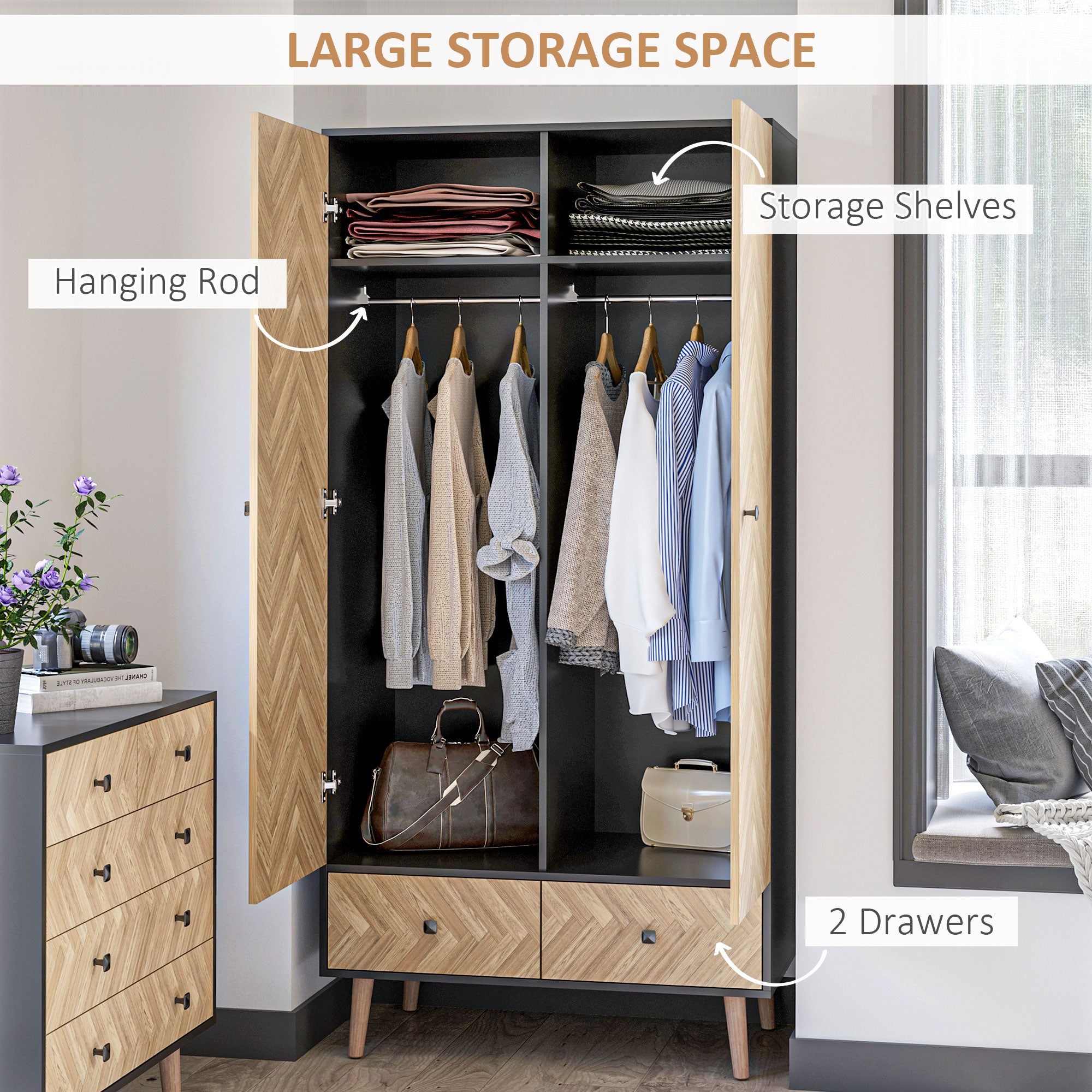 HOMCOM Modern Wardrobe Cabinet Wood Grain Sticker Surface with Shelf, Hanging Rod and 2 Drawers 90x50x190cm - North Peak Garden Furniture