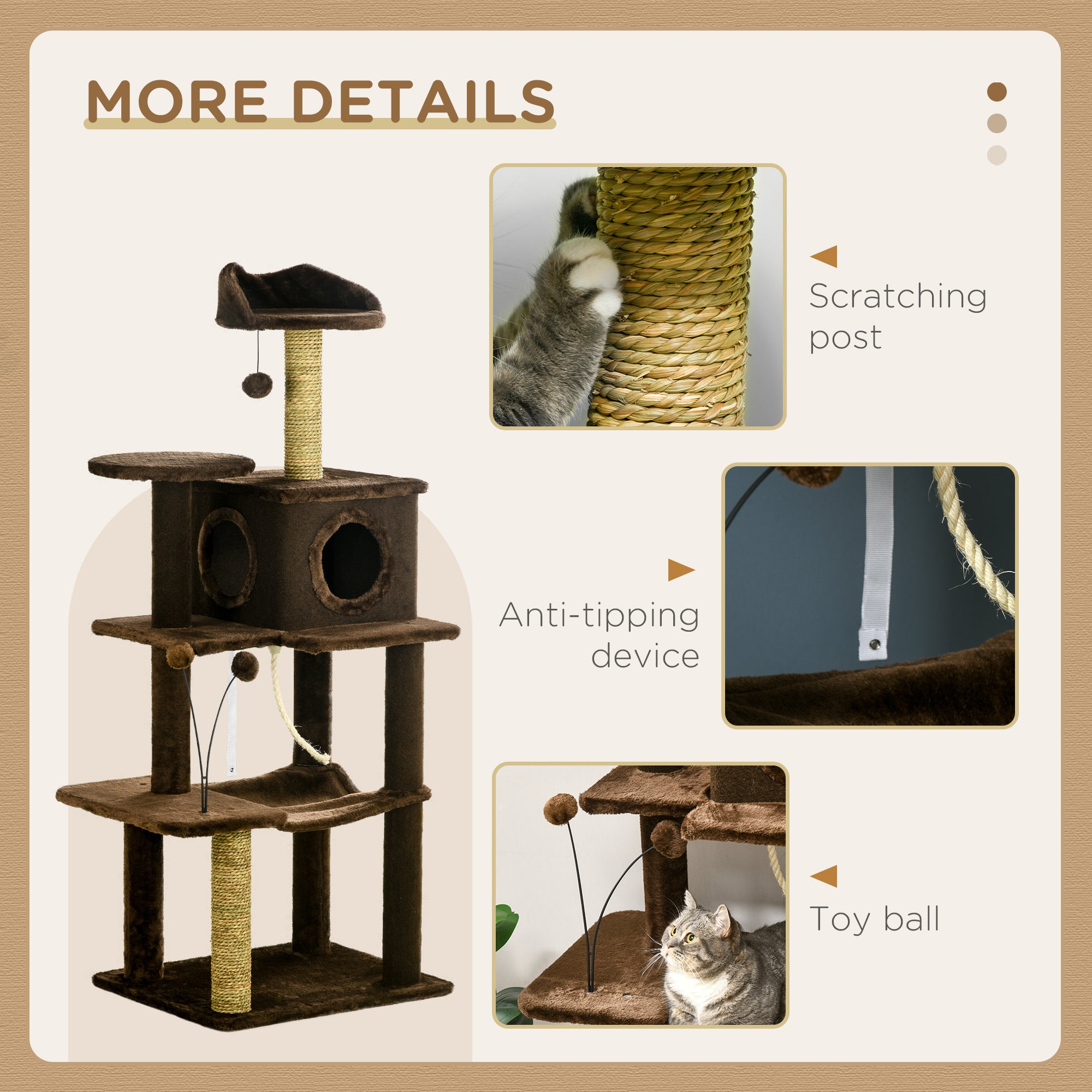 PawHut 136cm Cat Tree for Indoor Cats, Modern Cat Tower with Scratching Posts, house, Platforms, Toy Ball - Brown - North Peak Garden Furniture