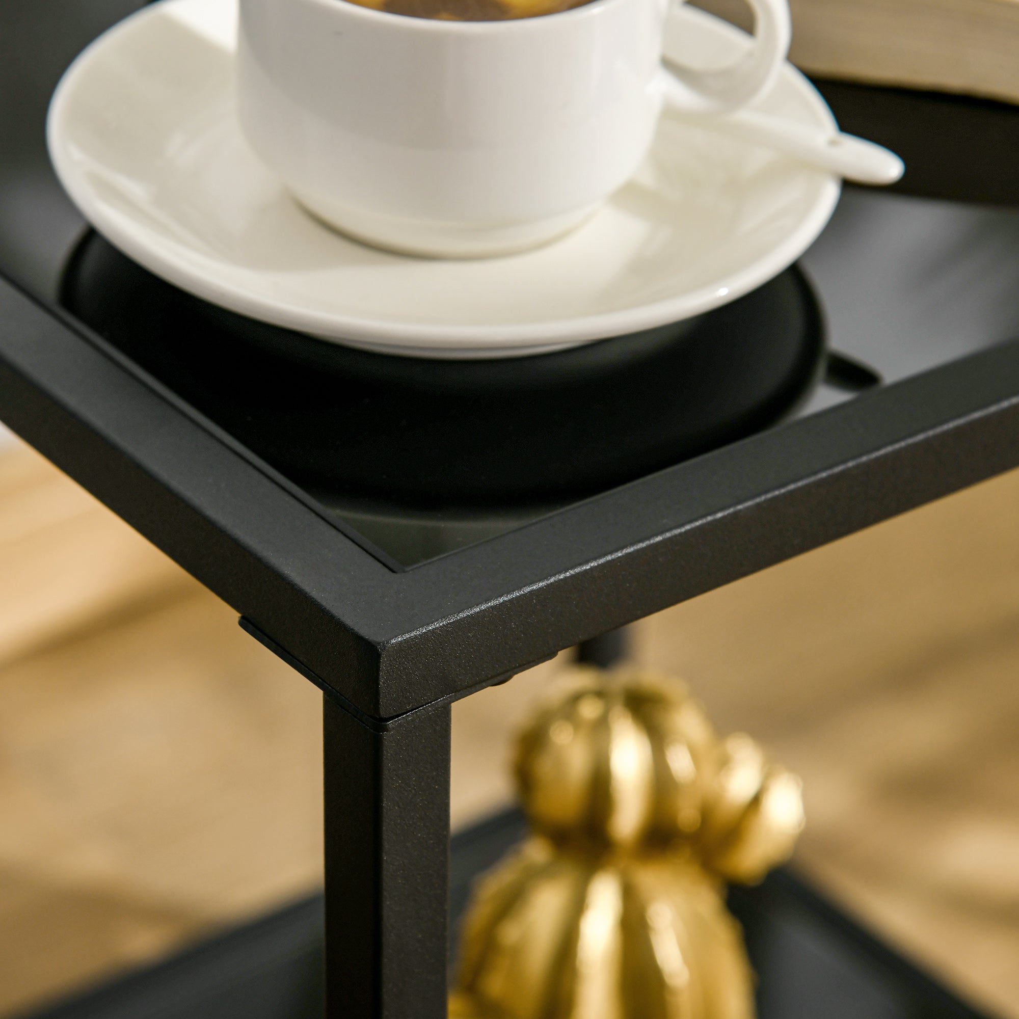 HOMCOM Side Table with Tempered Glass Top, End Table with 2-Tier Storage, Classic Accent Table with Steel Frame, Black - North Peak Garden Furniture