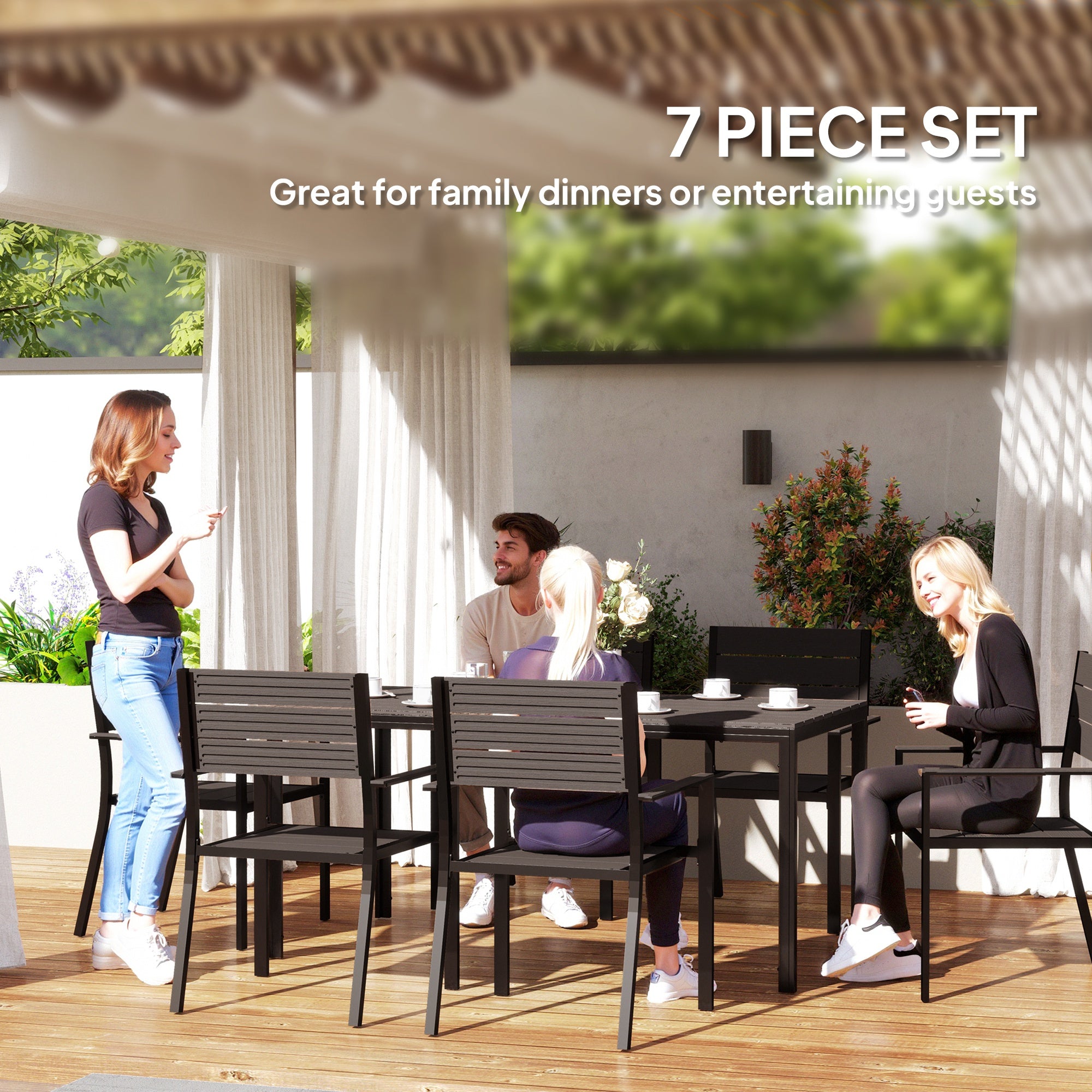 Outsunny 7 Piece Garden Furniture Set, 160 x 80 cm Rectangle Table and 6 Stackable Chairs Set, Outdoor Dining Set for Balcony, Deck, Dark Brown - North Peak Garden Furniture