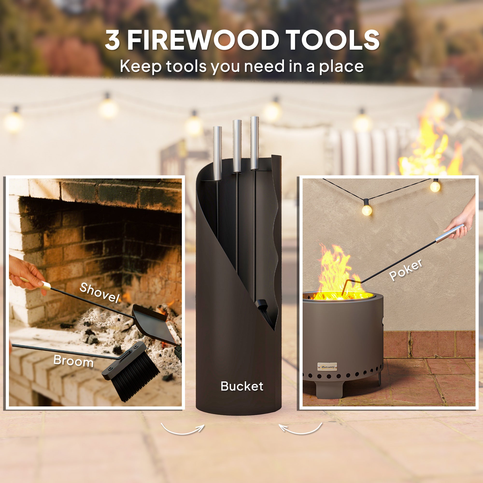 Outsunny 4 Pieces Fireplace Tools Set, Metal Fireplace Accessories Fireside Companion Set with Broom, Shovel, Poker and Bucket, Silver