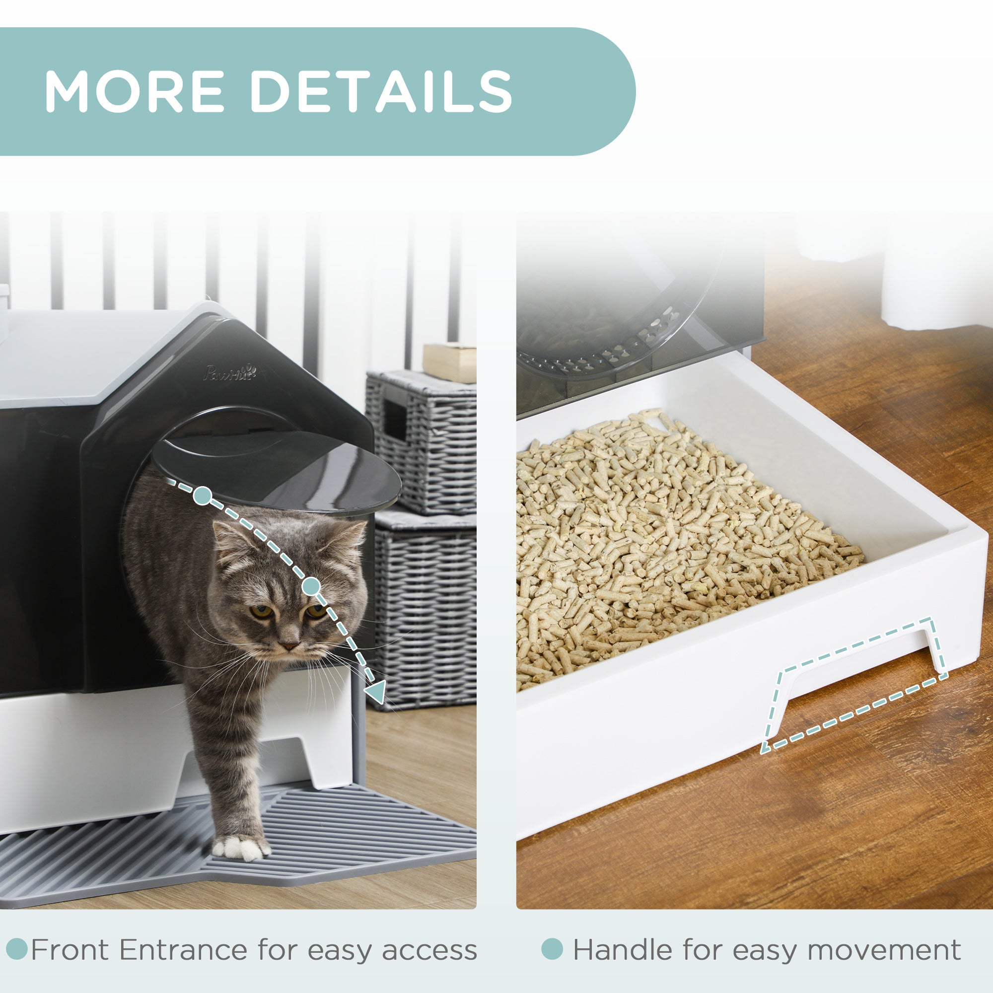 PawHut Hooded Cat Litter Tray with Scoop, Cat Litter Box with Drawer Pan, Handle, Deodorants, Hut Design, Front Entrance, 47 x 45 x 42cm - Grey