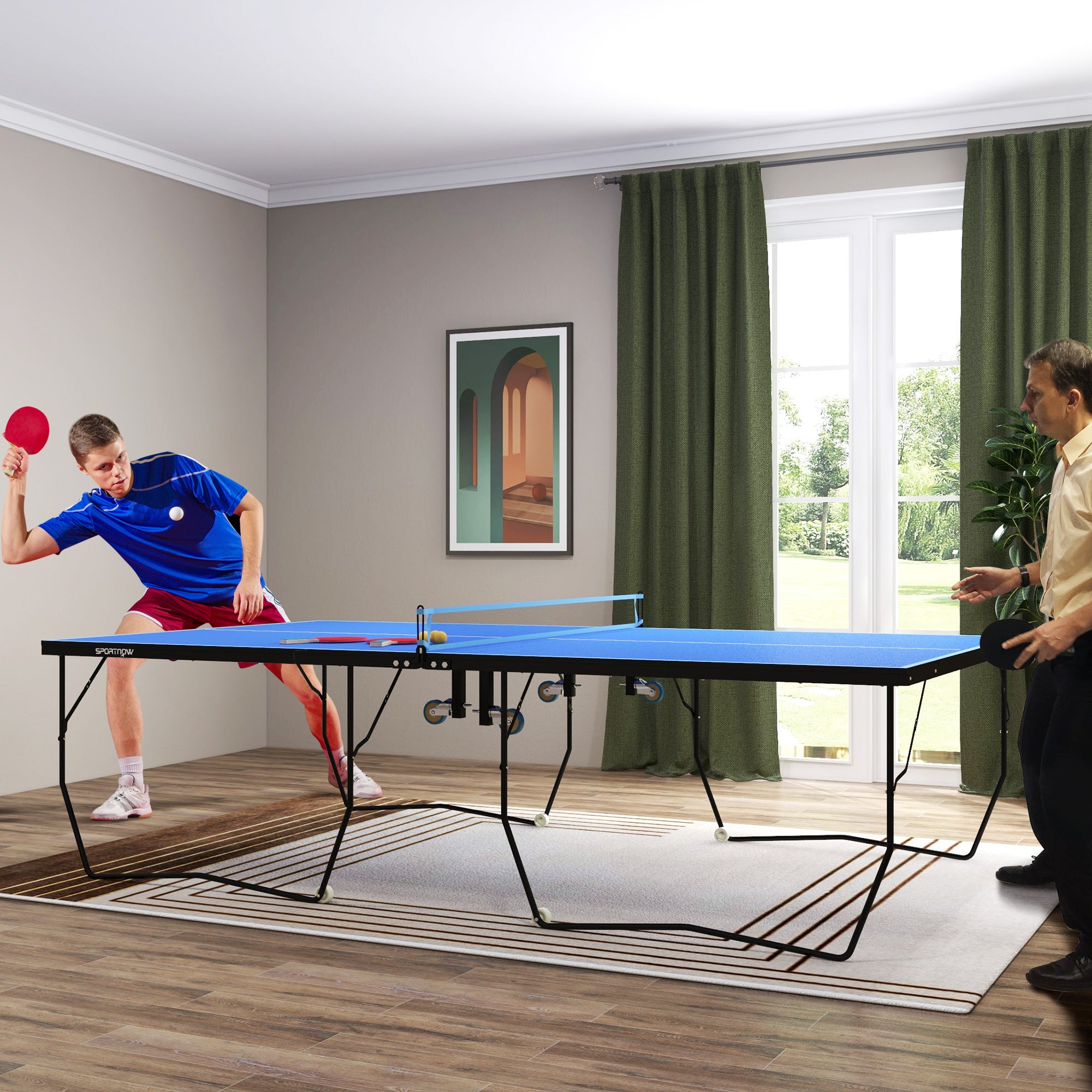 SPORTNOW 9FT Folding Table Tennis Table, with 8 Wheels, for Indoor Use - Blue - North Peak Garden Furniture