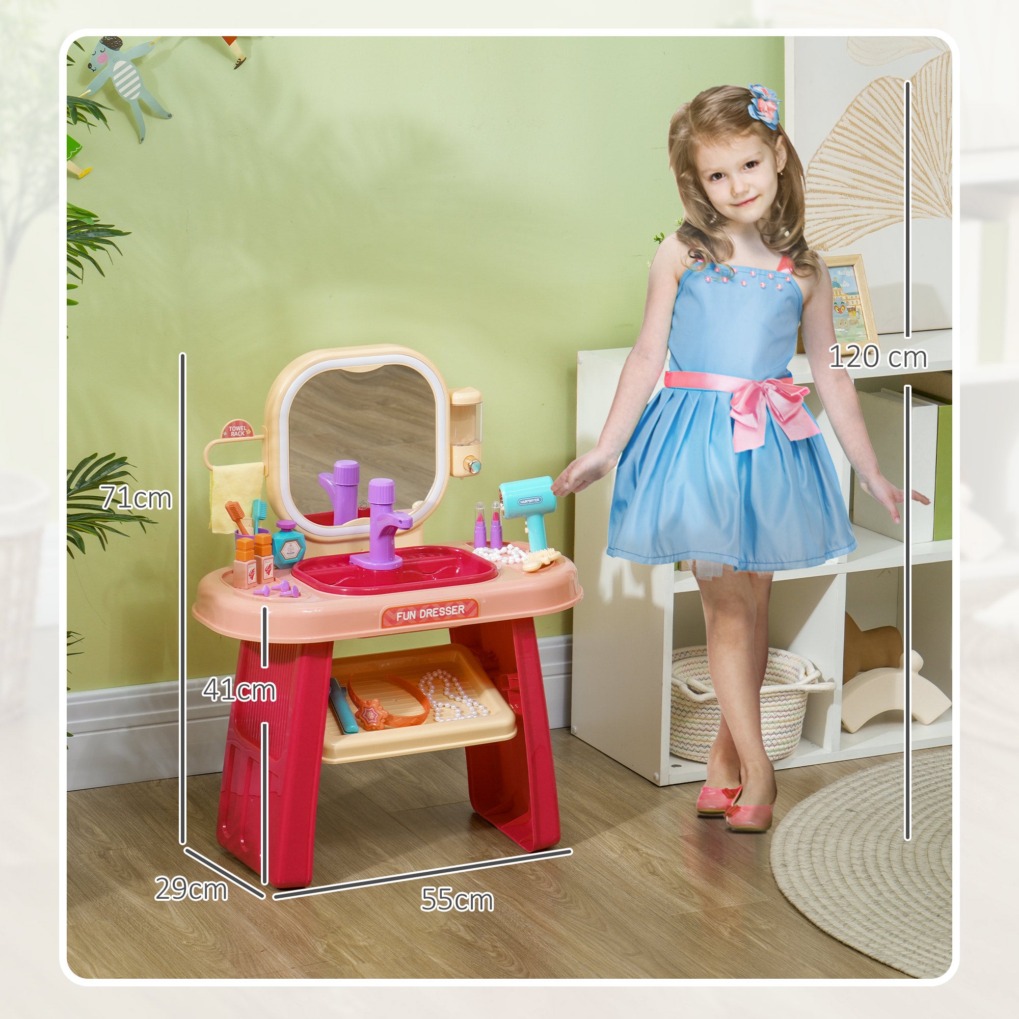 AIYAPLAY Kids Dressing Table with Mirror, LED Light, 23 Accessories, Pink - North Peak Garden Furniture