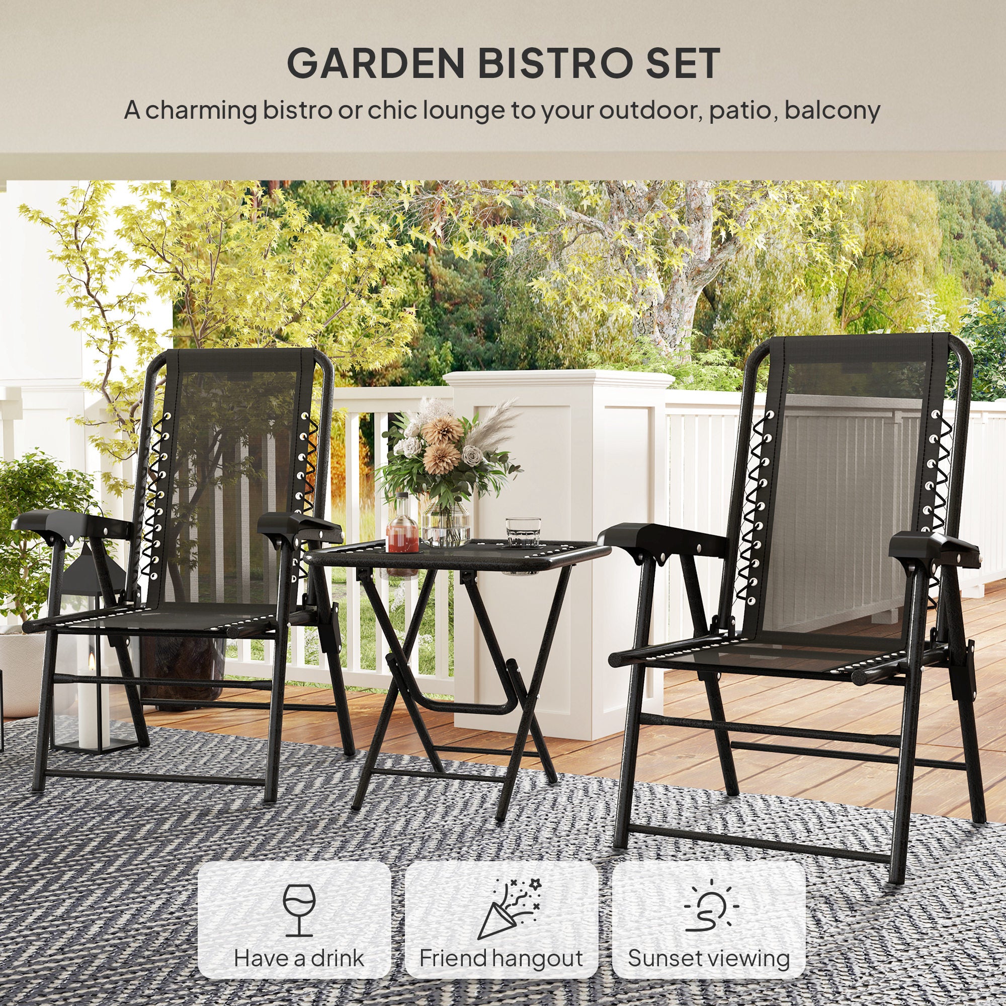 Outsunny Three-Piece Garden Table and Chair Set - Black - North Peak Garden Furniture