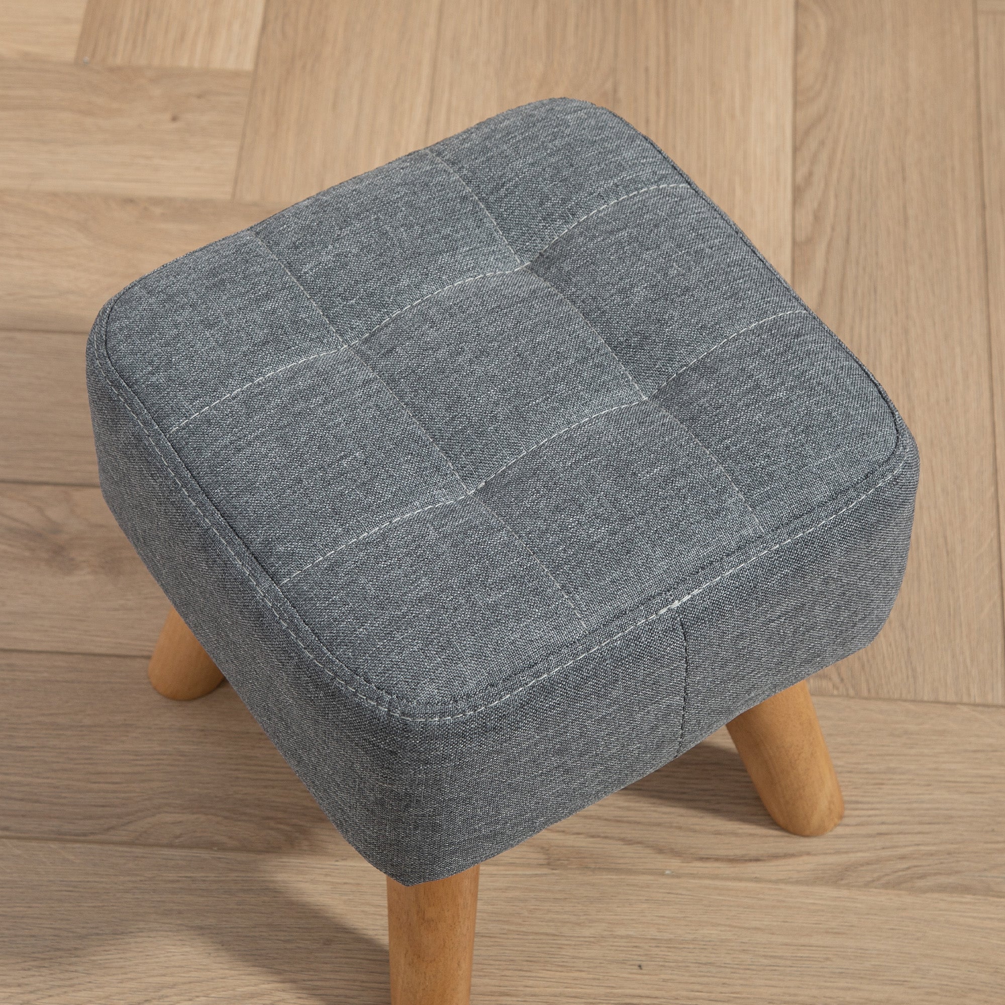 HOMCOM Modern Tufted Footstool, Fabric Foot Stool with Rubber Wood Legs, Padded Seat, for Living Room, Bedroom, Entryway, Grey - North Peak Garden Furniture