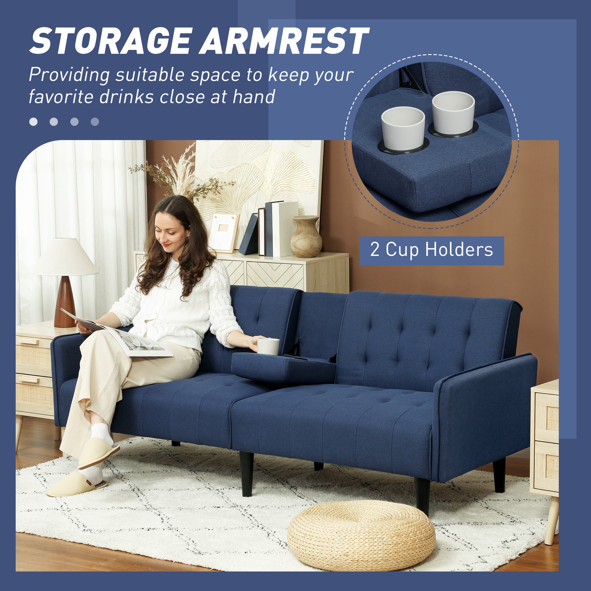 HOMCOM Upholstered Click Clack Sofa Bed, Linen-Feel 3 Seater Sofa Bed with Storage and Cupholders, Dark Blue - North Peak Garden Furniture
