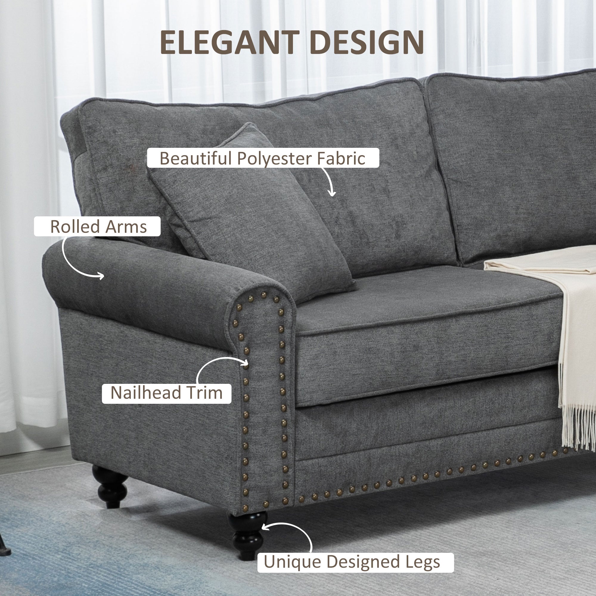 HOMCOM 3 Seater Sofas for Living Room, Fabric Sofa with Felt Mats, Cushions and Pillows, Grey - North Peak Garden Furniture