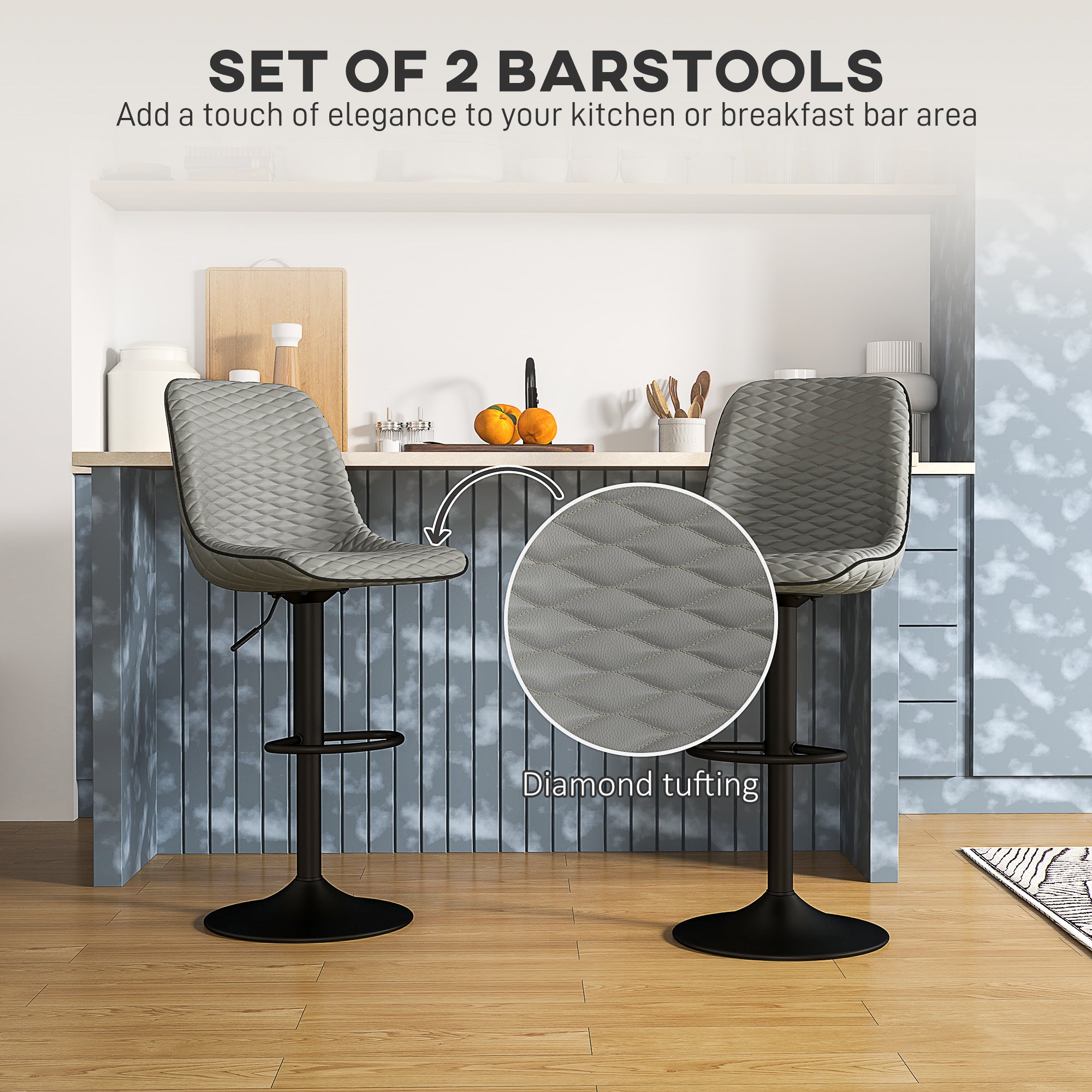 HOMCOM Set of Two Faux Leather Bar Stools - Grey - North Peak Garden Furniture