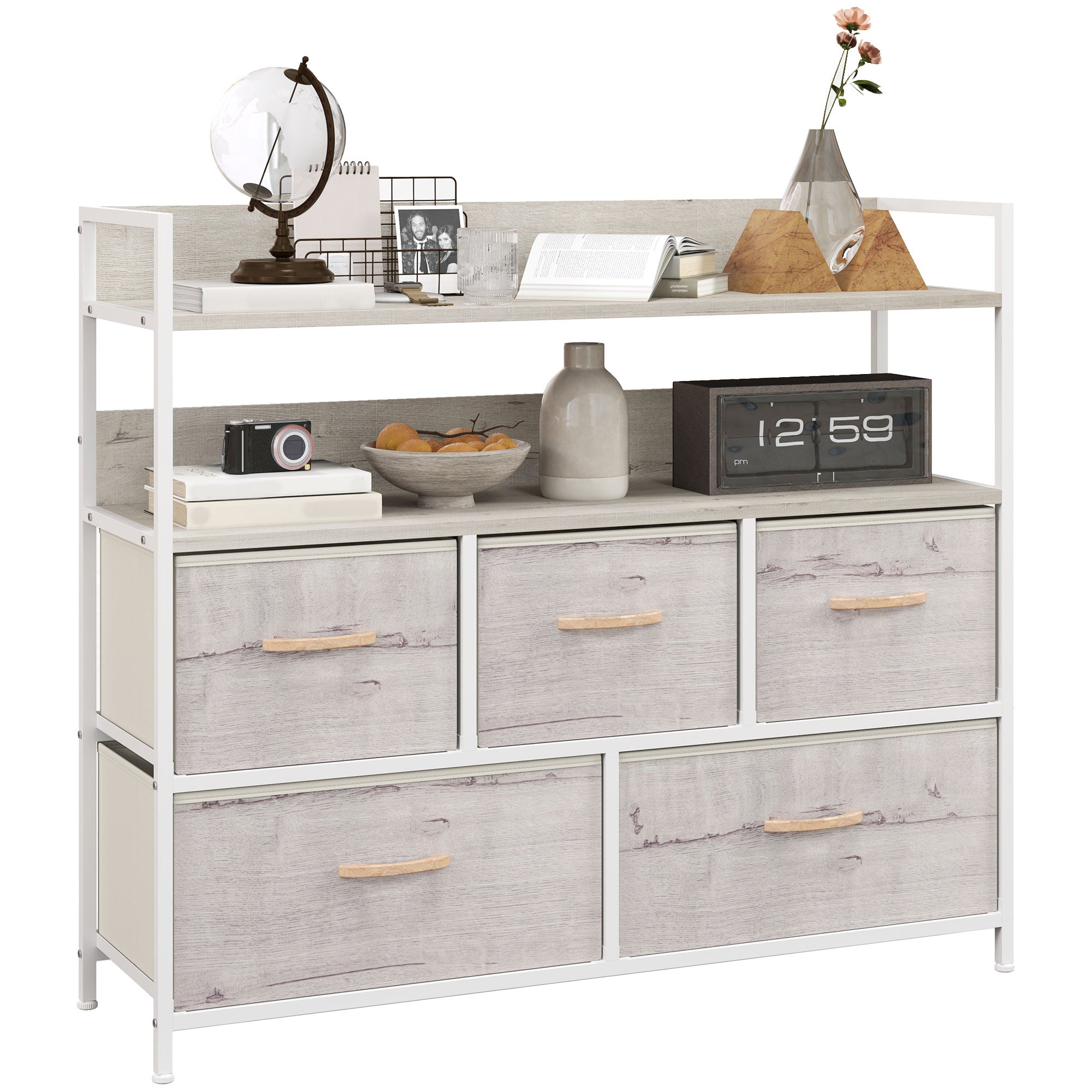 HOMCOM Rustic Chest of Five Fabric Drawers - Natural - North Peak Garden Furniture
