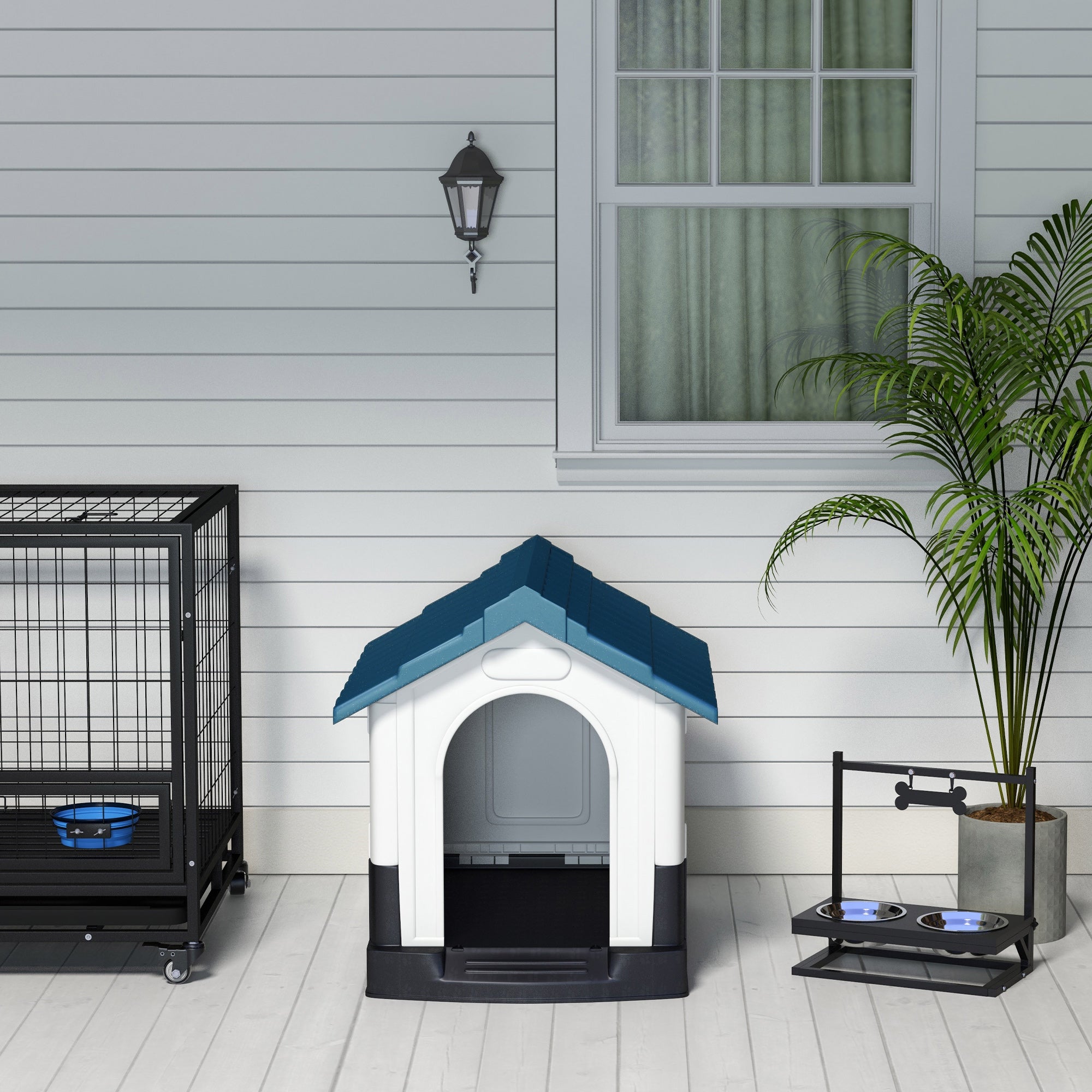 PawHut Plastic Dog Kennel with Windows, for Garden Patio, Miniature and Small Dogs, 80 x 69 x 76cm - Blue - North Peak Garden Furniture