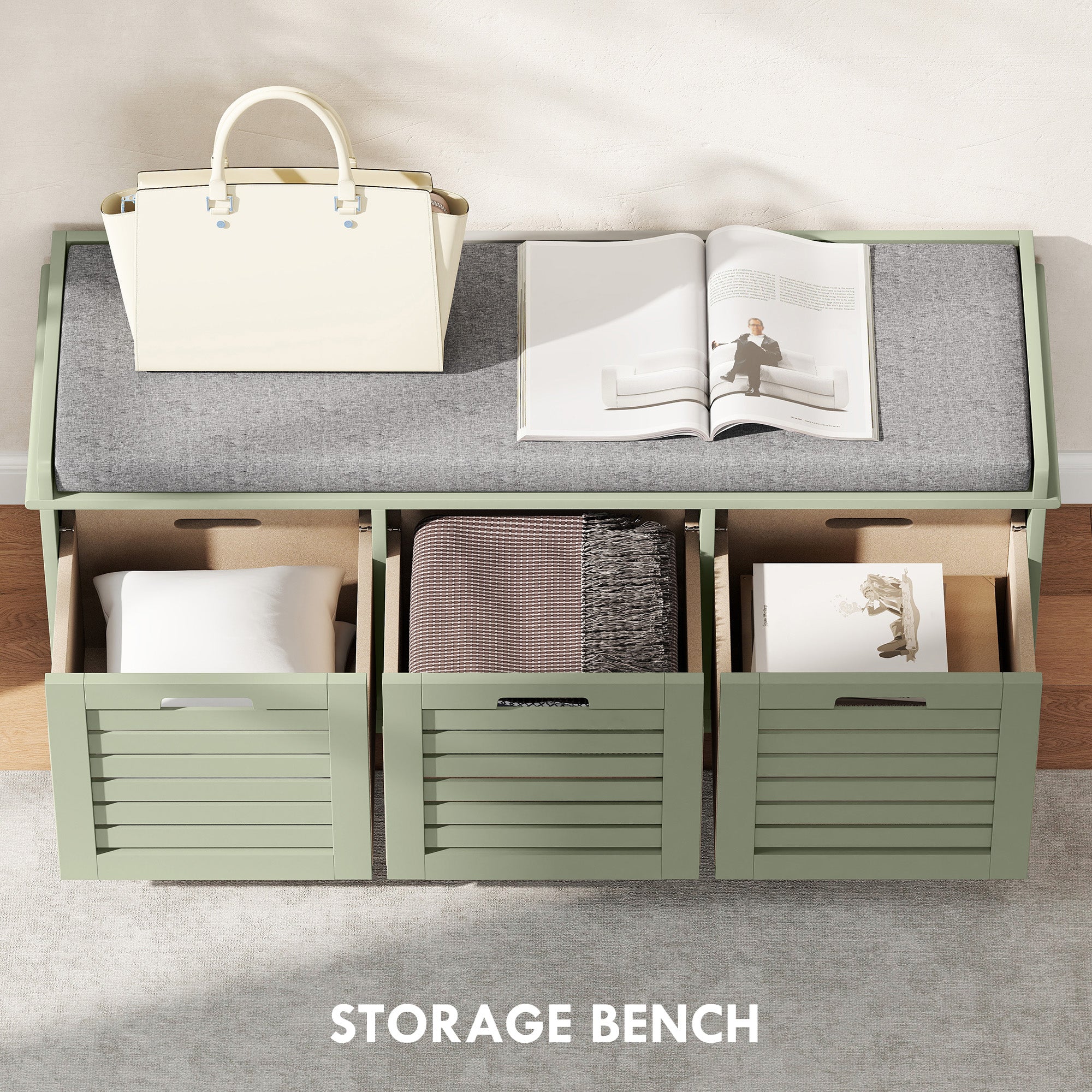 HOMCOM 3-Drawer Shoe Storage Bench - Green