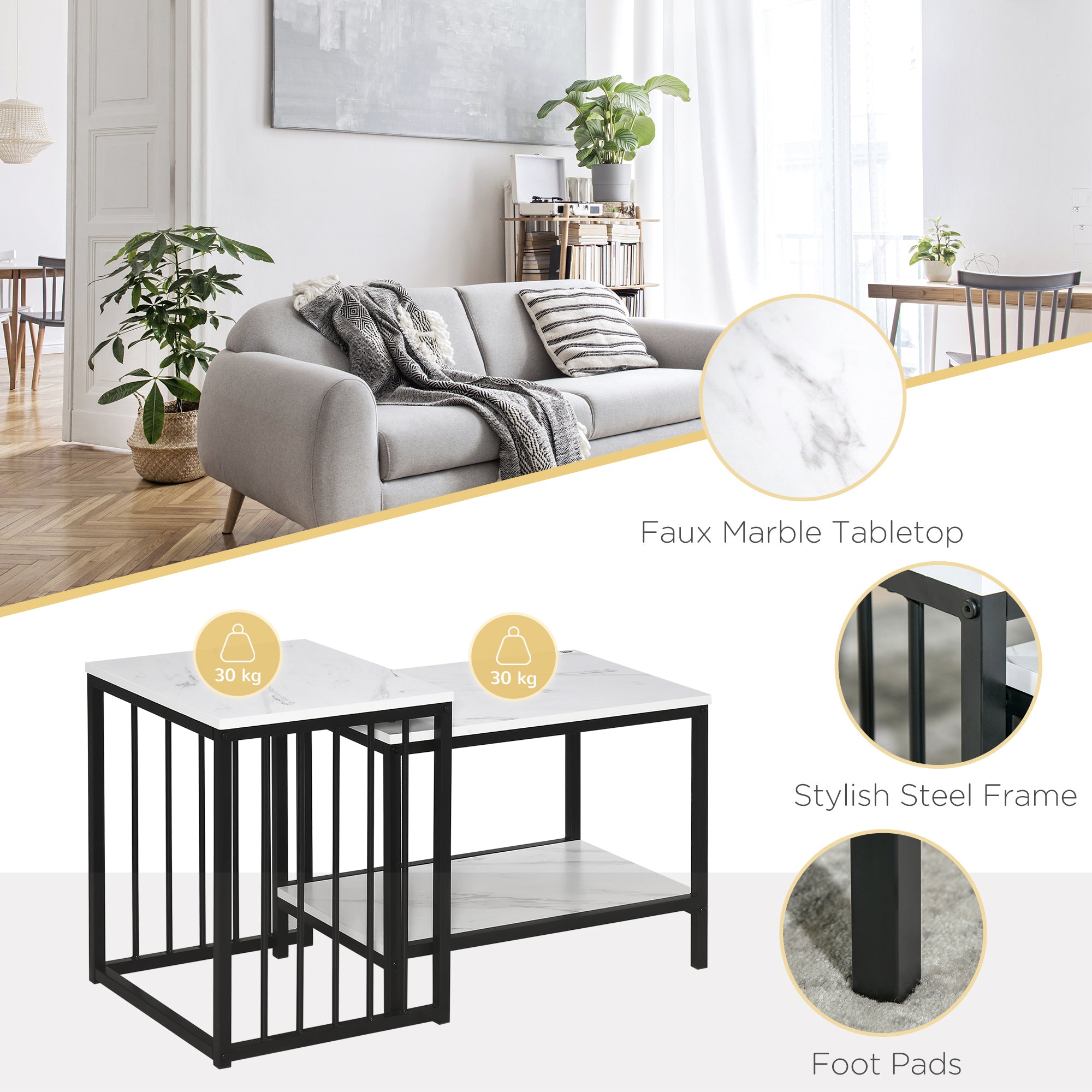 HOMCOM Modern Coffee Table Set of Two, Marble-Effect Nesting Side Tables with Steel Frame for Living Room, White, Black - North Peak Garden Furniture