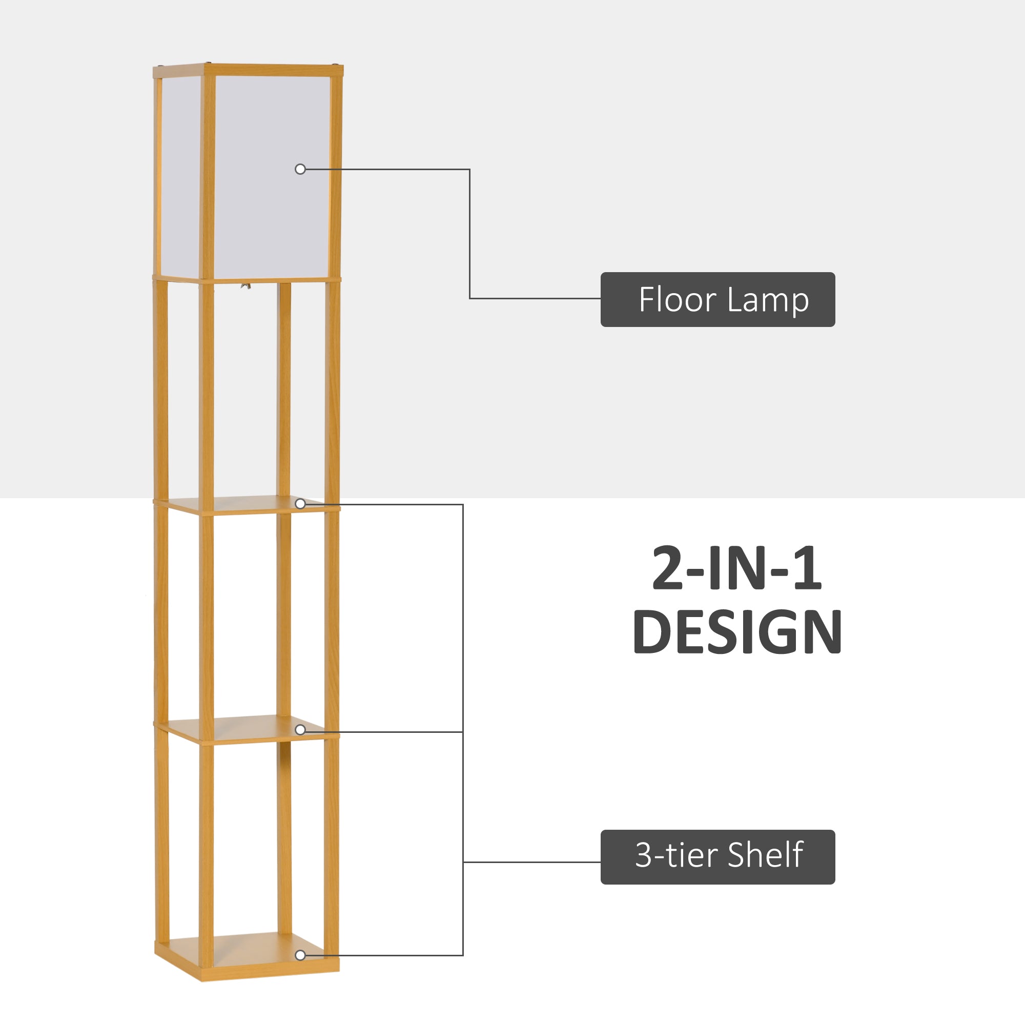 HOMCOM 3-Tier Floor Lamp, Floor Light with Storage Shelf, Reading Standing Lamp for Living Room, Bedroom, Kitchen, Dining Room, Office, Dorm, 160cm, Natural
