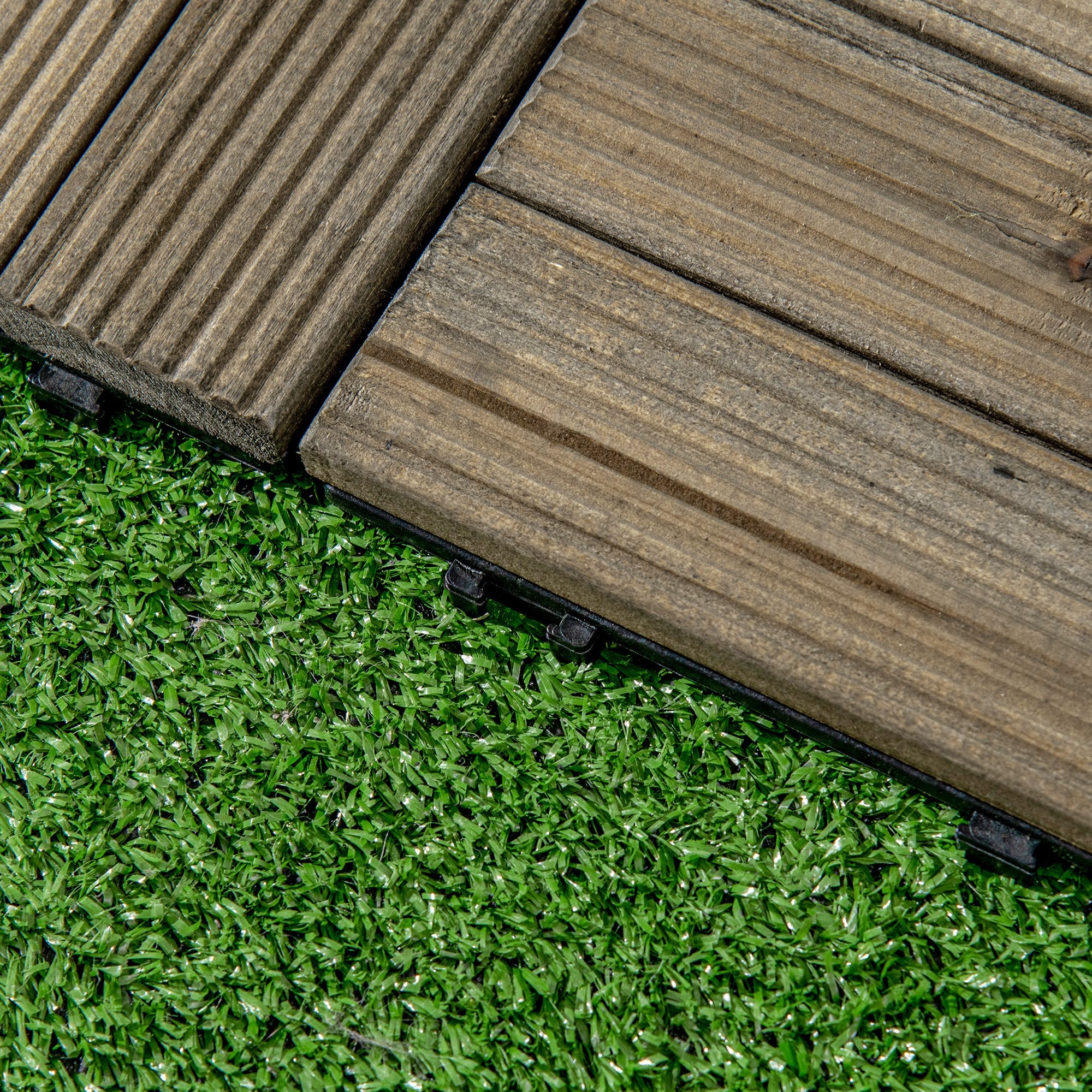 Outsunny 27 Pcs Wooden Interlocking Decking Tiles, Outdoor Flooring Tiles for Patio, Balcony, Terrace, Hot Tub, 30 x 30 cm per Piece, 2.5㎡ per Pack, Charcoal Grey - North Peak Garden Furniture