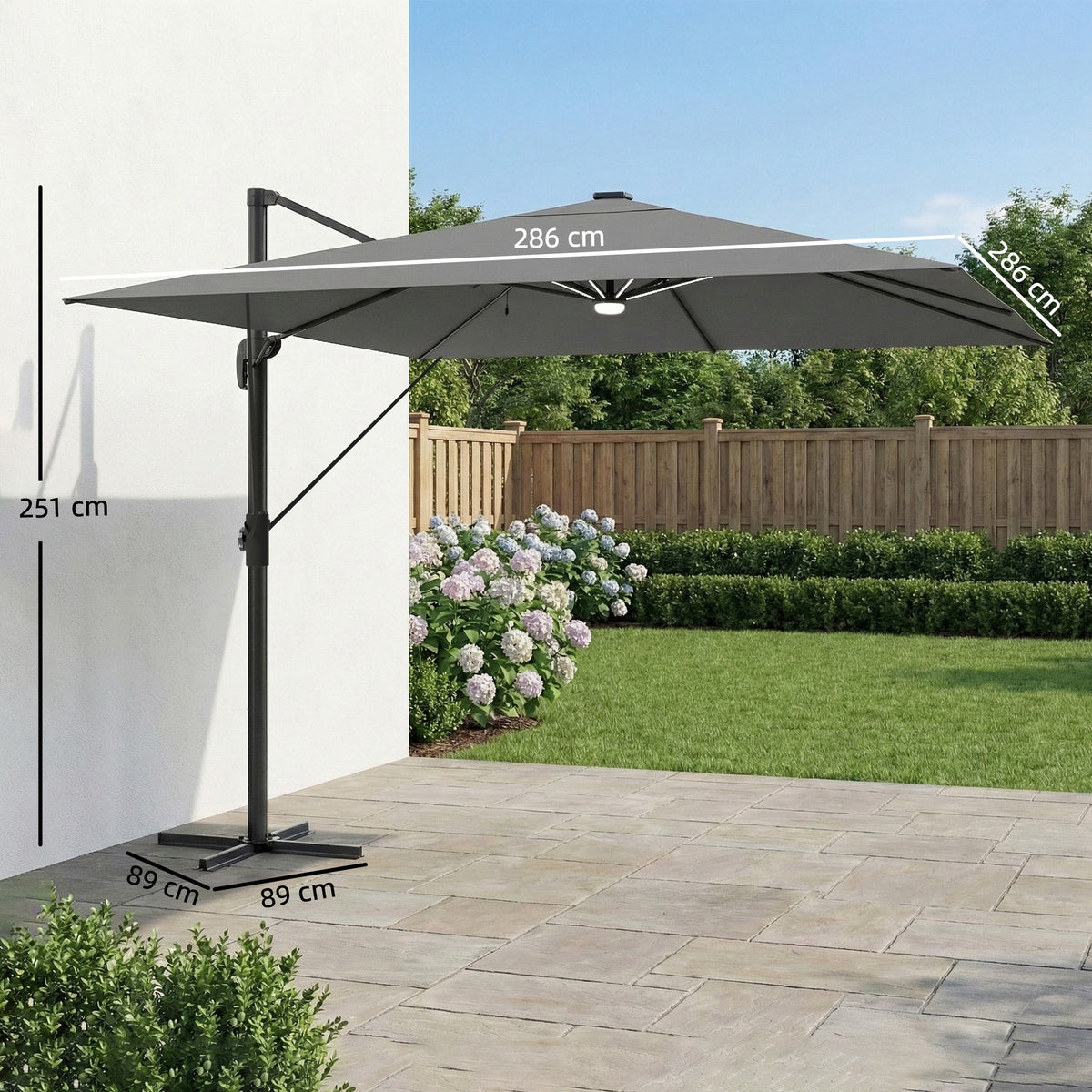 Outsunny 3 x 3 m Garden Cantilever Parasol with Light, Cover, Overhanging Umbrella w/ Wind Protection, 360° Rotation, Light Grey