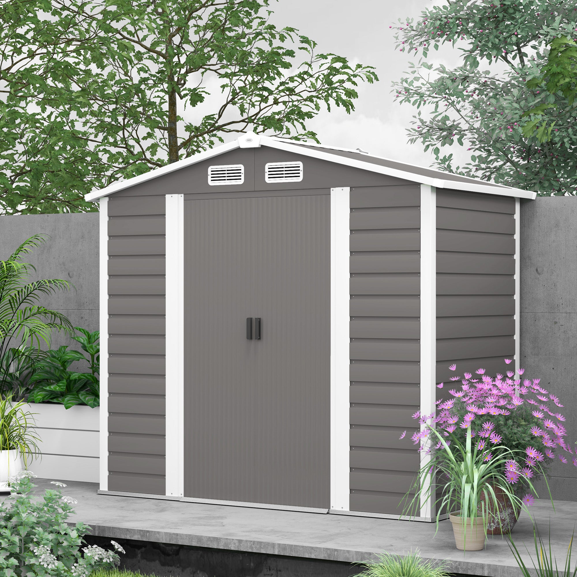 Outsunny 7 x 4ft Garden Shed, Easy to Assemble, Upgraded Galvanised Steel Frame with Foundation Kit, Double Doors with Lock, Outdoor Metal Shed with Vents and Gloves, Garden Storage Shed, Light Grey - North Peak Garden Furniture