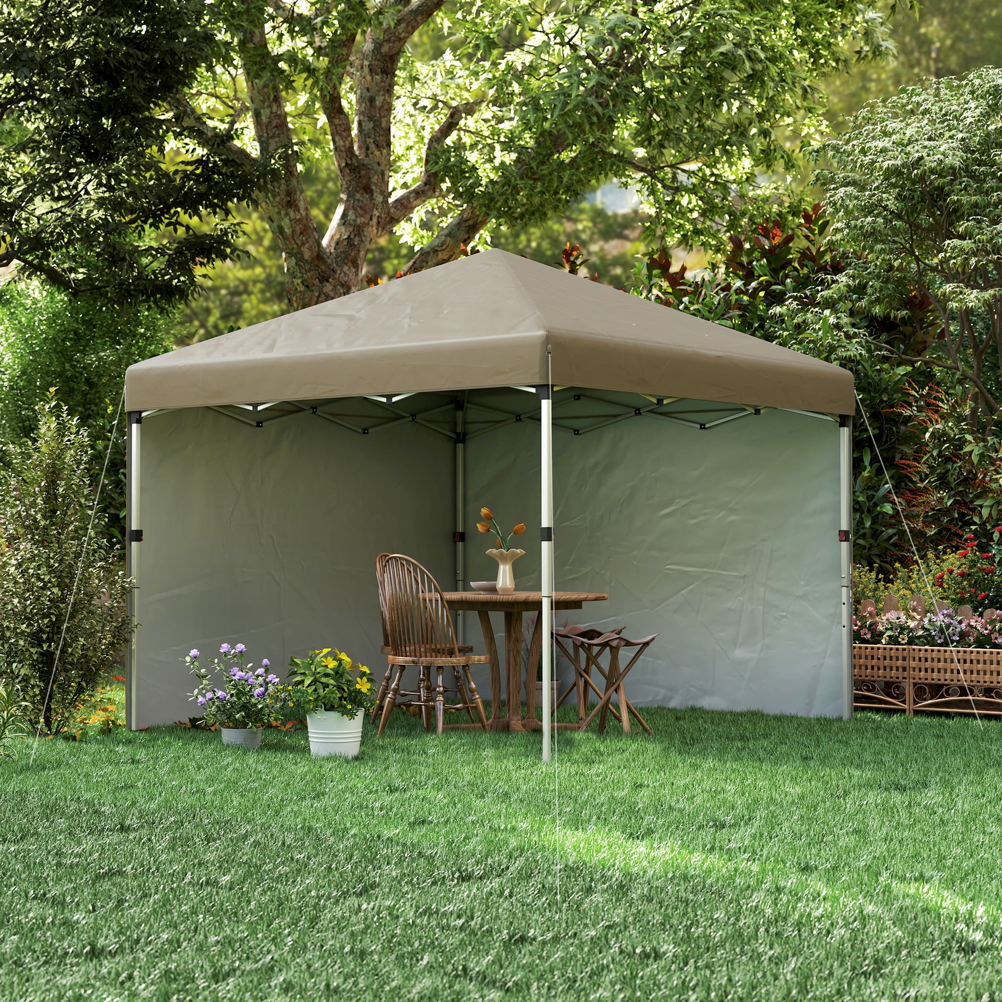 Outsunny 3 x 3 (M) Pop Up Gazebo, UPF 30+ with 2 Sidewalls, Leg Weight Bags and Wheeled Bag, Height Adjustable Party Tent Event Shelter for Garden, Patio, Khaki - North Peak Garden Furniture