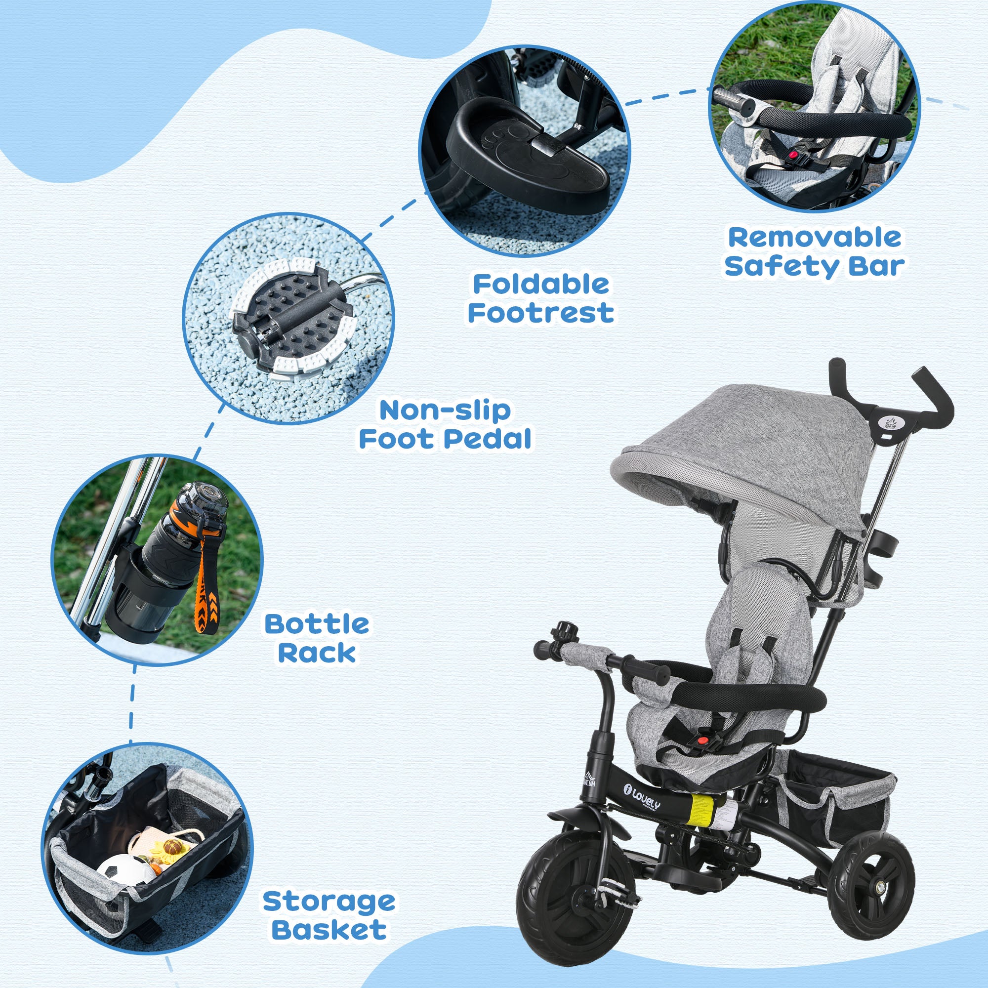 HOMCOM 6 in 1 Kids Trike Push Bike w/ Push Handle, Canopy, 5-point Safety Belt, Storage, Footrest, Brake, for 1-5 Years, Grey - North Peak Garden Furniture