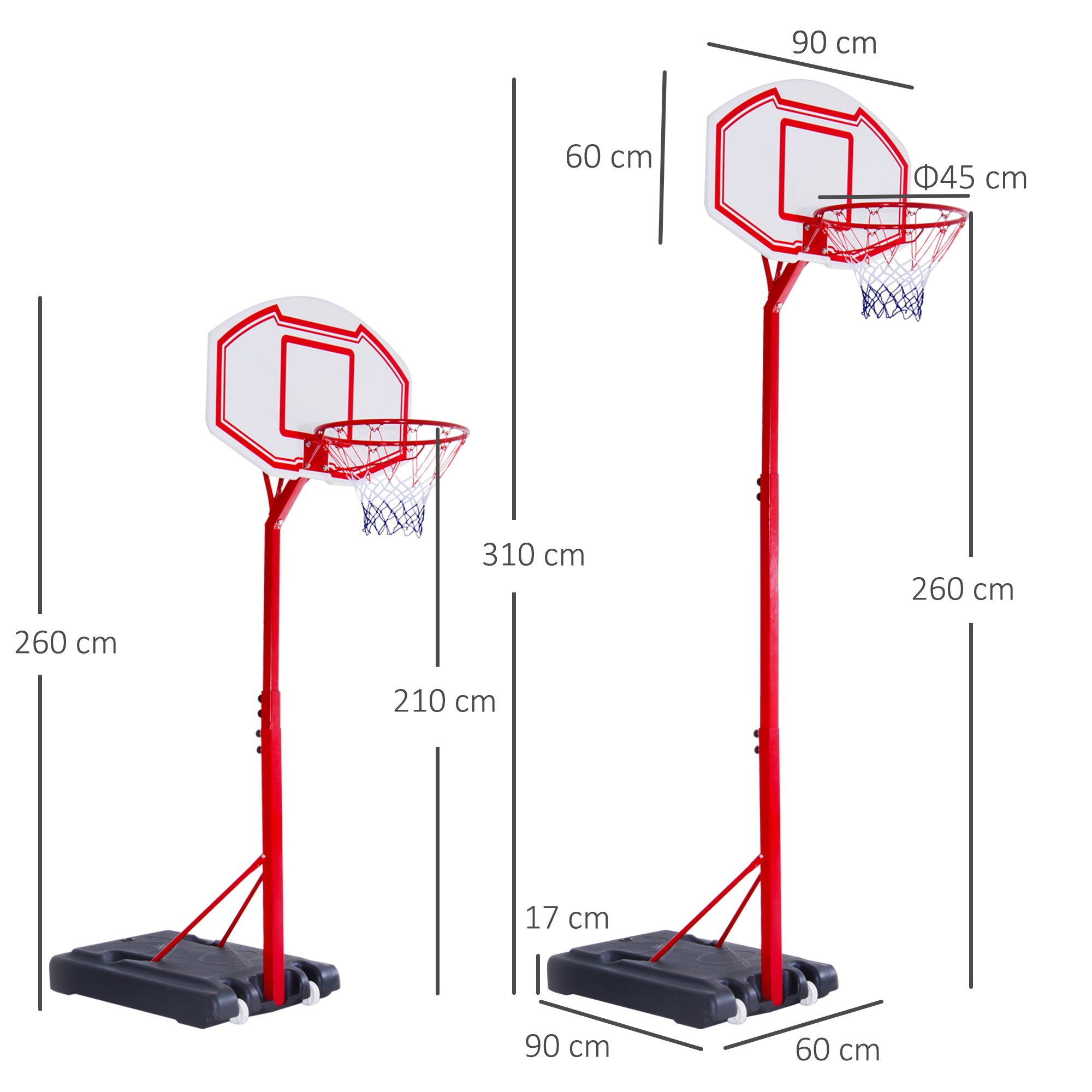 HOMCOM Basketball Hoop Stand Portable System PE Backboard Height Adjustable 2.1-2.6m with Wheels for Adults Sports Fun