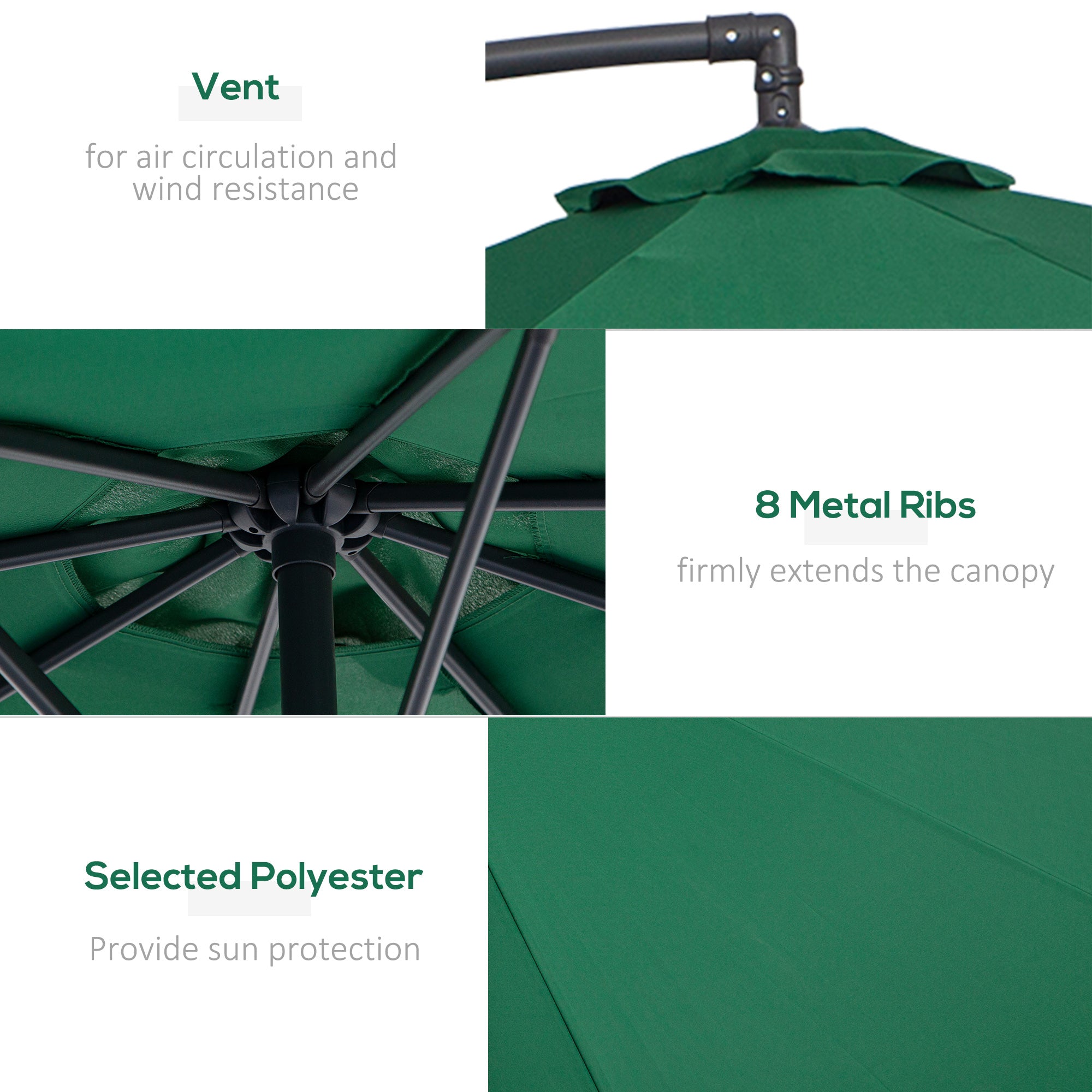 Outsunny Banana Cantilever Parasol: 3m Hanging Umbrella with Crank & Cross Base, Outdoor Sun Shelter, Verdant Green