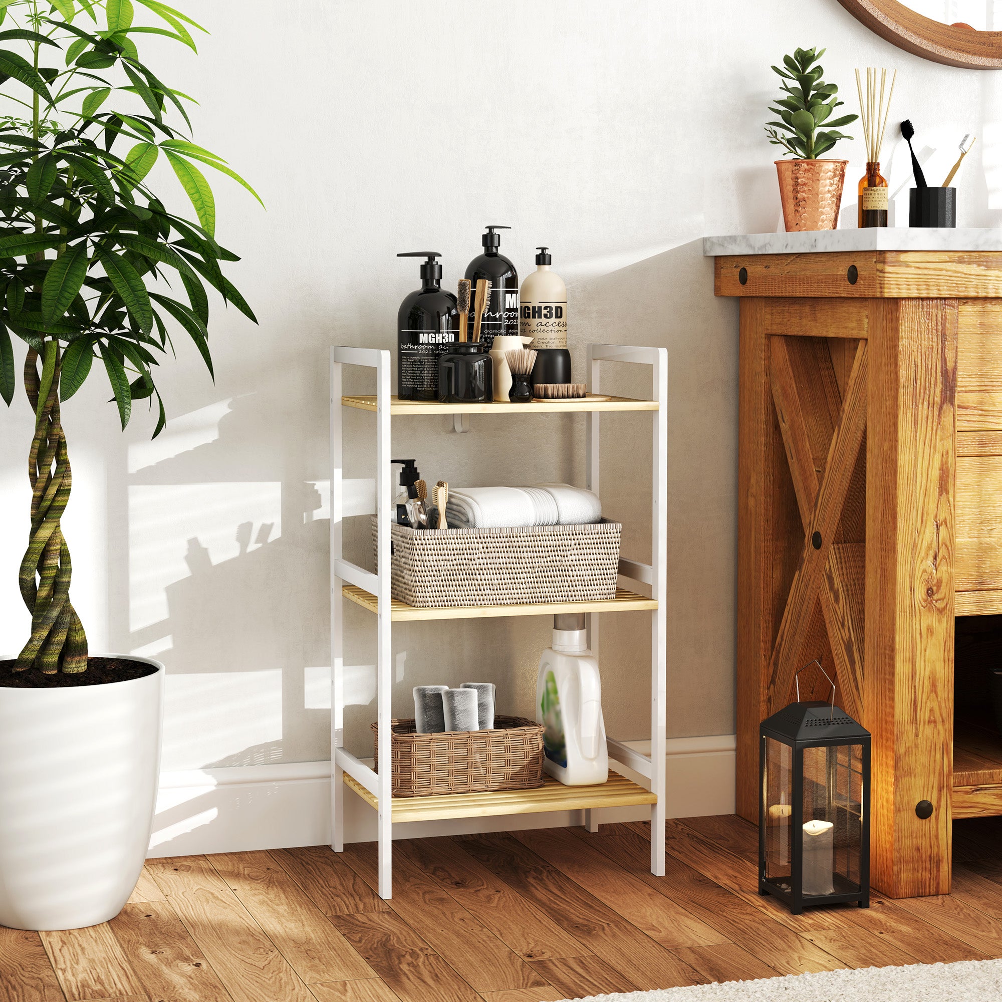 HOMCOM Three-Tier Bamboo Adjustable Shelf Storage Unit - North Peak Garden Furniture