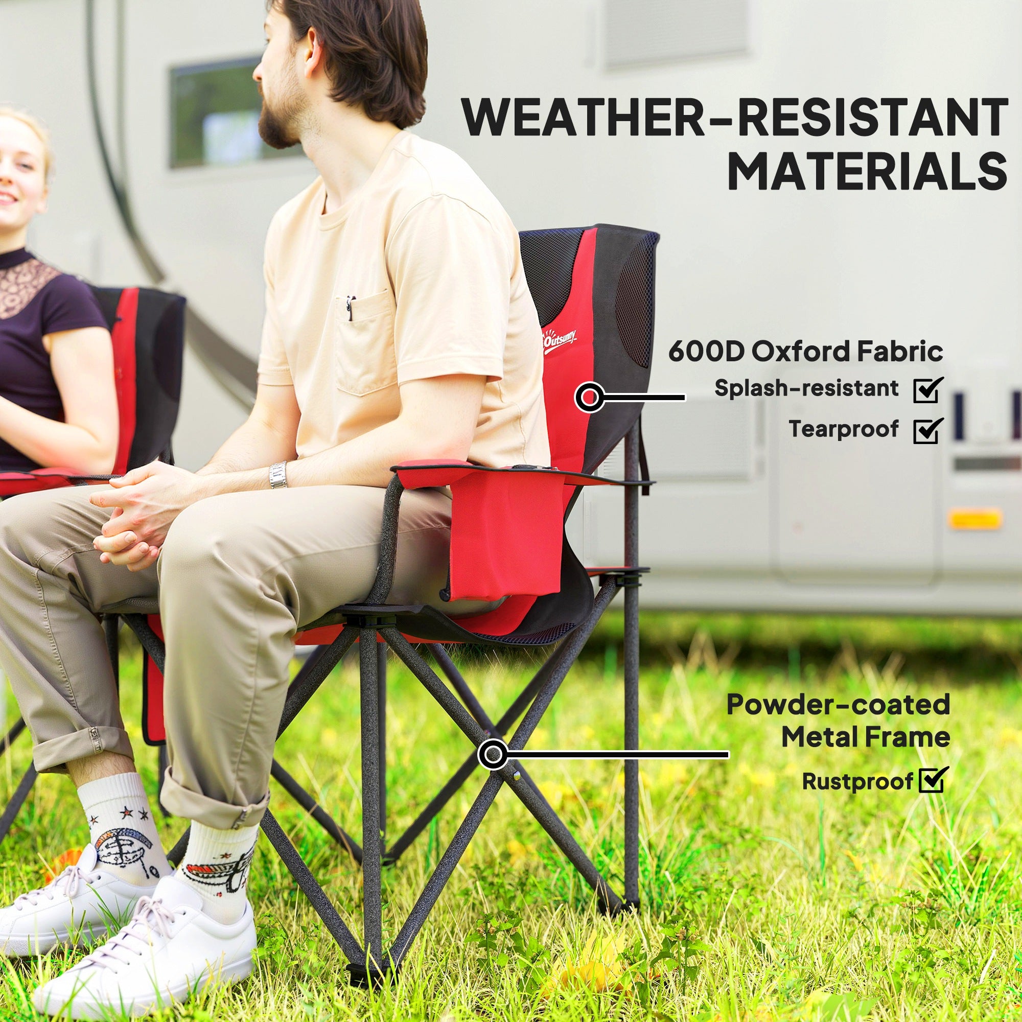 Outsunny Set of 2 Folding Camping Chairs, Padded Camping Chairs with Adjustable Armrests, Portable & Lightweight Folding Camp Chair with Cooler Bag, Cup Holder and Side Pockets, Red - North Peak Garden Furniture