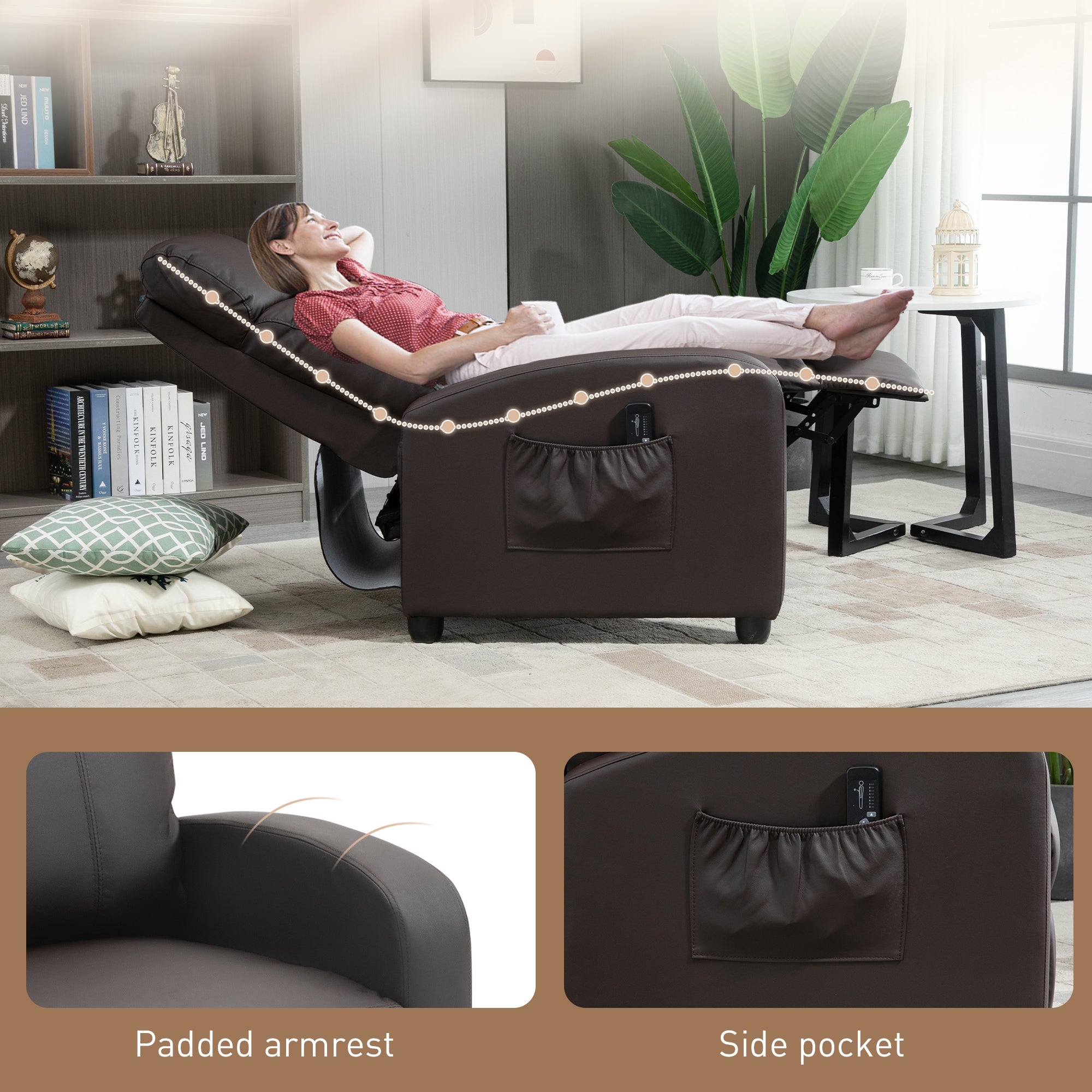 HOMCOM Recliner Armchair, Massage Faux Leather Push Back Reclining Chair with Adjustable Leg Rest, Side Pocket, for Home Living Room Theatre, Brown - North Peak Garden Furniture
