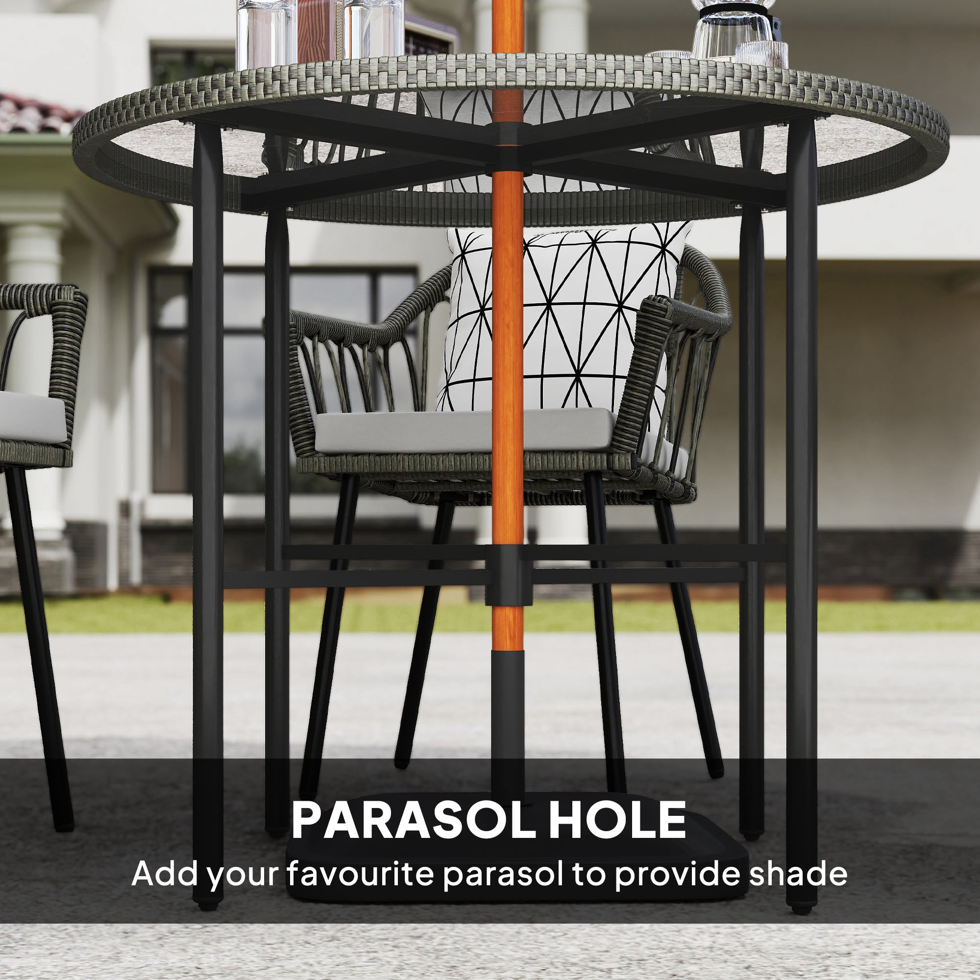 Outsunny 5 Piece Patio Rattan Dining Set, Wicker Garden Table and Chairs w/ Removable Seat & Back Cushions, Round Tempered Glass Tabletop, Parasol Hole, Outdoor Furniture Conservatory Set, Grey - North Peak Garden Furniture
