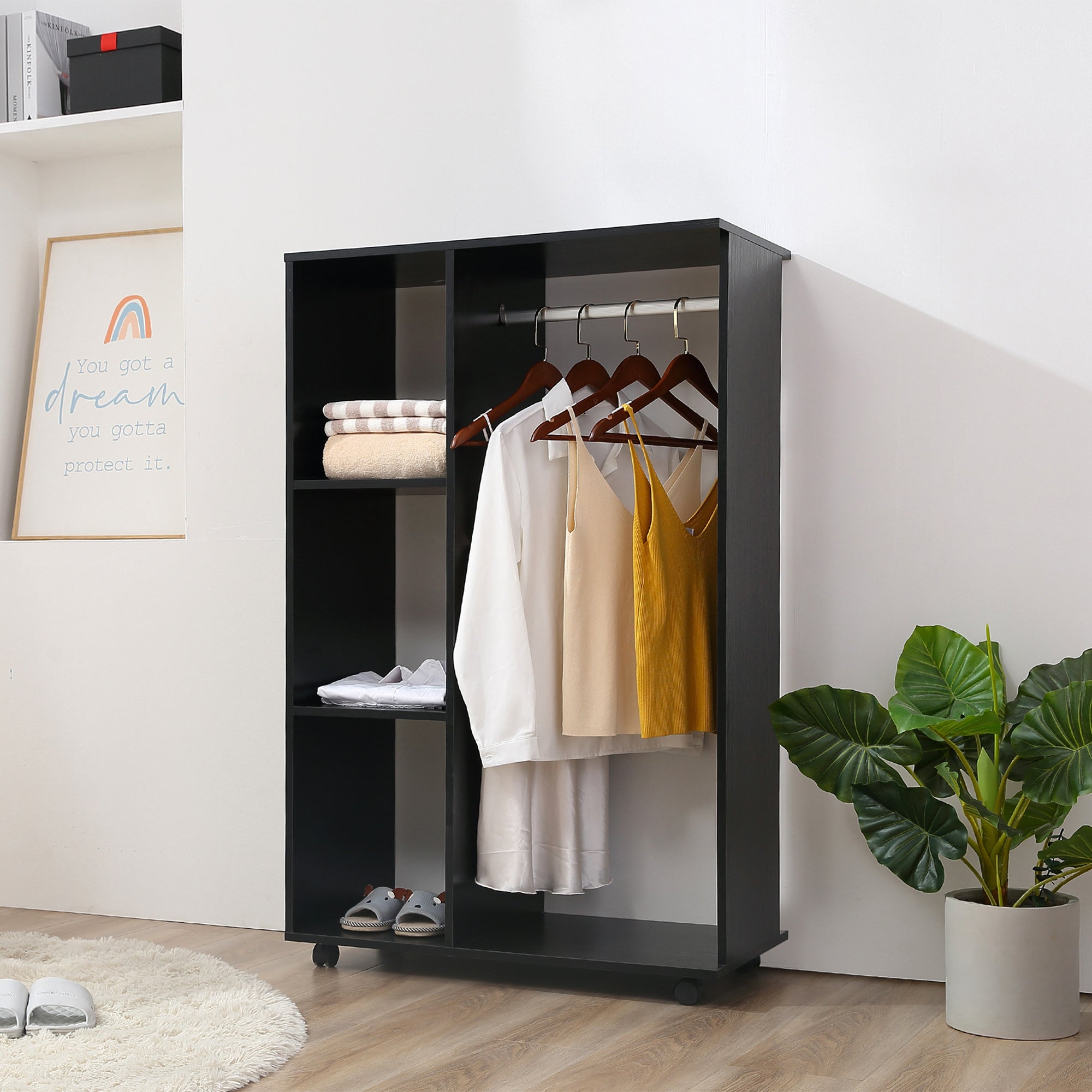 HOMCOM Open Wardrobe on Wheels with Clothes Rail, Bedroom Clothes Storage with Hanging Rod, 3 Storage Shelves, Mobile Garment Rack for Cloakroom, Hallway, Black - North Peak Garden Furniture