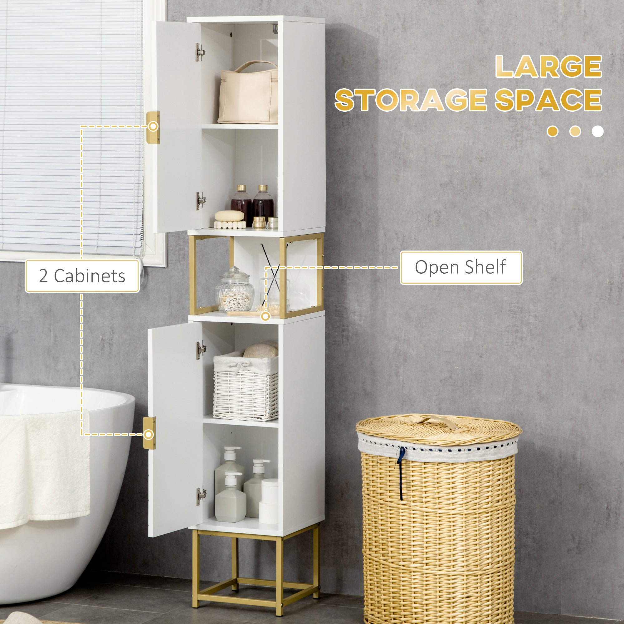kleankin Narrow Bathroom Storage Cabinet, Freestanding Tallboy Storage Unit with Adjustable Shelf, 2 Doors and Steel Base, Slim Corner Organizer, White - North Peak Garden Furniture