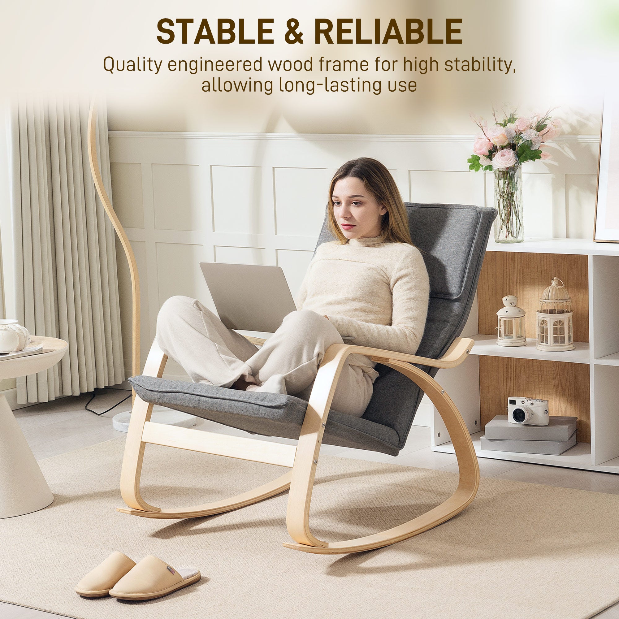 HOMCOM Comfortable Relax Rocking Chair, Upholstered Lounge Chair Recliner with High Back and Headrest for Living Room, Bedroom, Grey - North Peak Garden Furniture