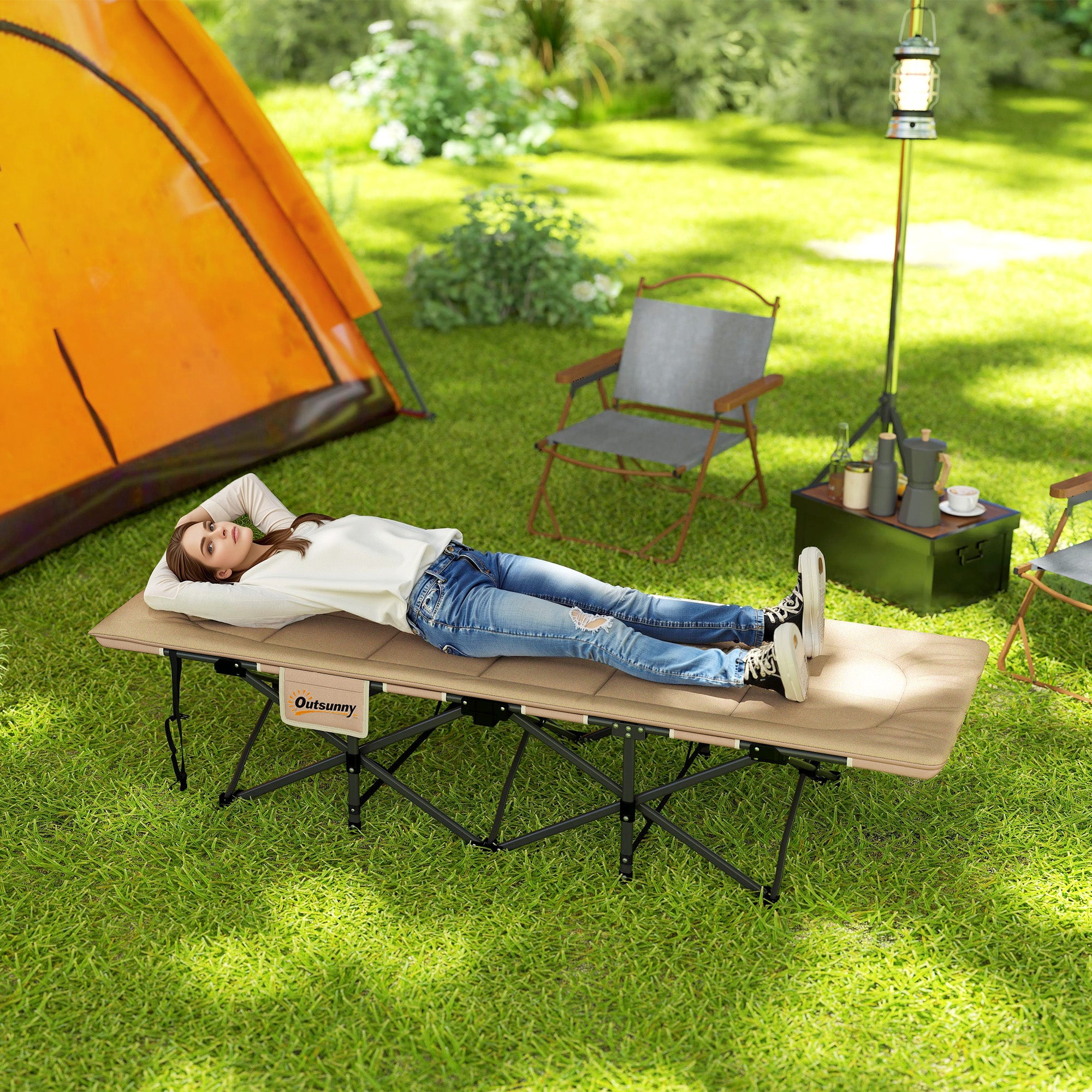 Outsunny Folding Camping Bed for Adults with Cushion, Heavy Duty Portable Travel Camping Cot with Headrest, Side Pocket and Non-Slip Foot Pads for Outdoor Beach Travel Office, Khaki - North Peak Garden Furniture