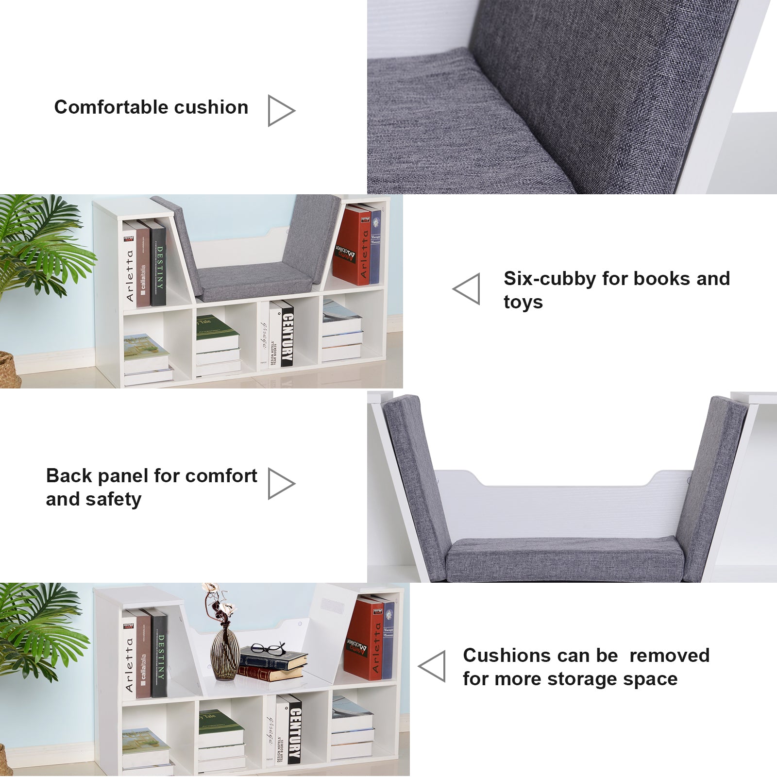 HOMCOM Bookcase Storage Shelf with Cushioned Reading Seat, Cube Bookshelf Organizer for Bedroom Living Room, White - North Peak Garden Furniture