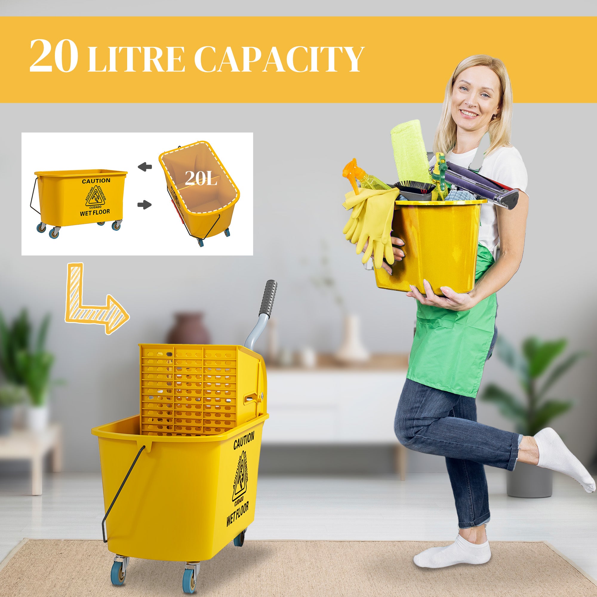 HOMCOM Mop Bucket with Wringer Set on Wheels for Floor Cleaning, 20 Litre Side Press Wringer with Handle and Mop, Yellow - North Peak Garden Furniture