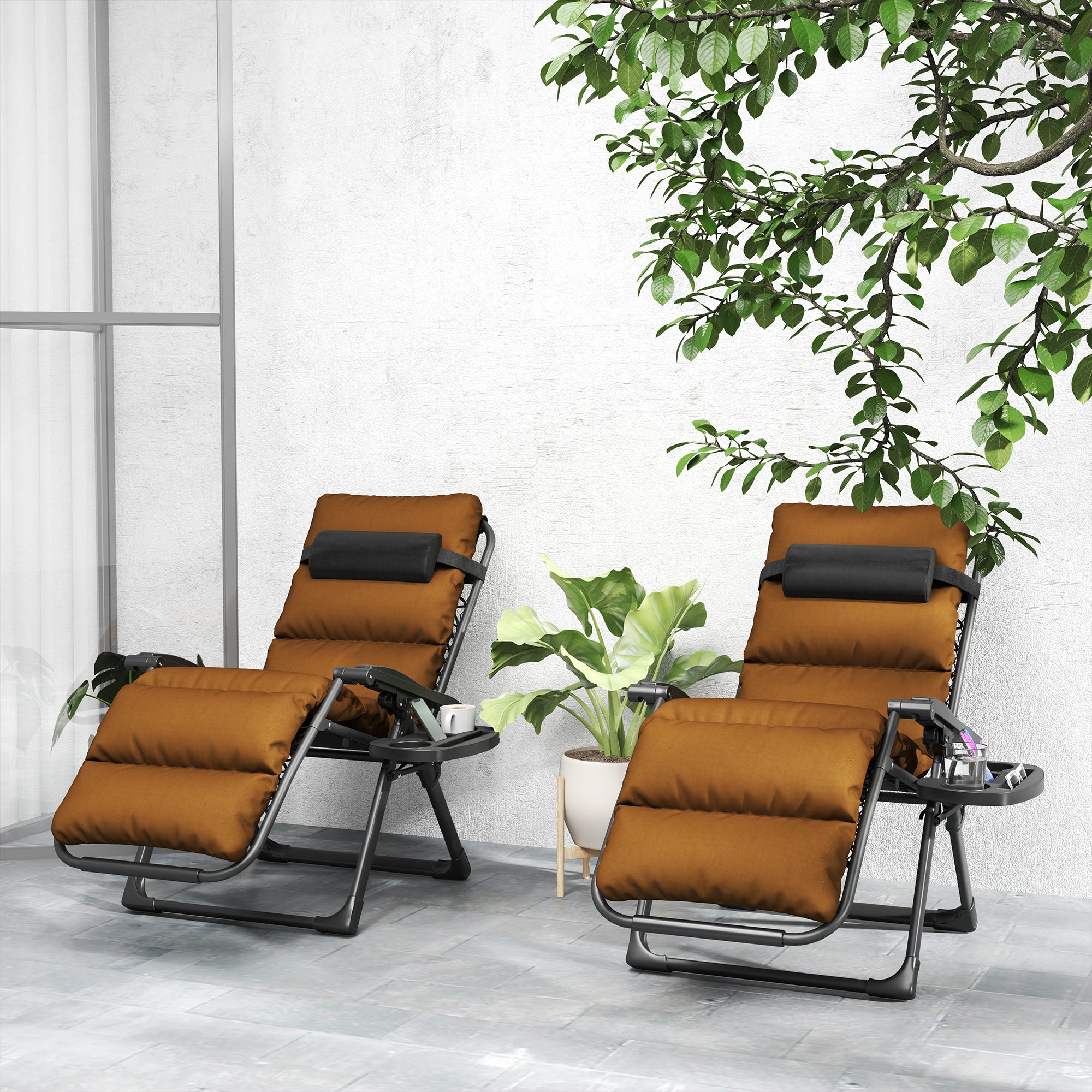 Outsunny Set of Two Reclining Sun Loungers, with Cushion - Brown - North Peak Garden Furniture