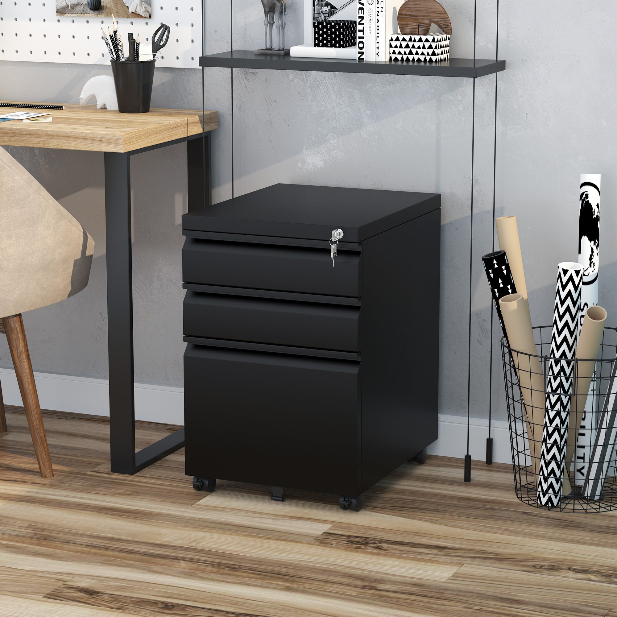 Vinsetto 3 Drawer Filling Cabinet, Mobile Metal File Cabinet with Anti-tilt Design for Letter, A4, Legal Size, Black - North Peak Garden Furniture