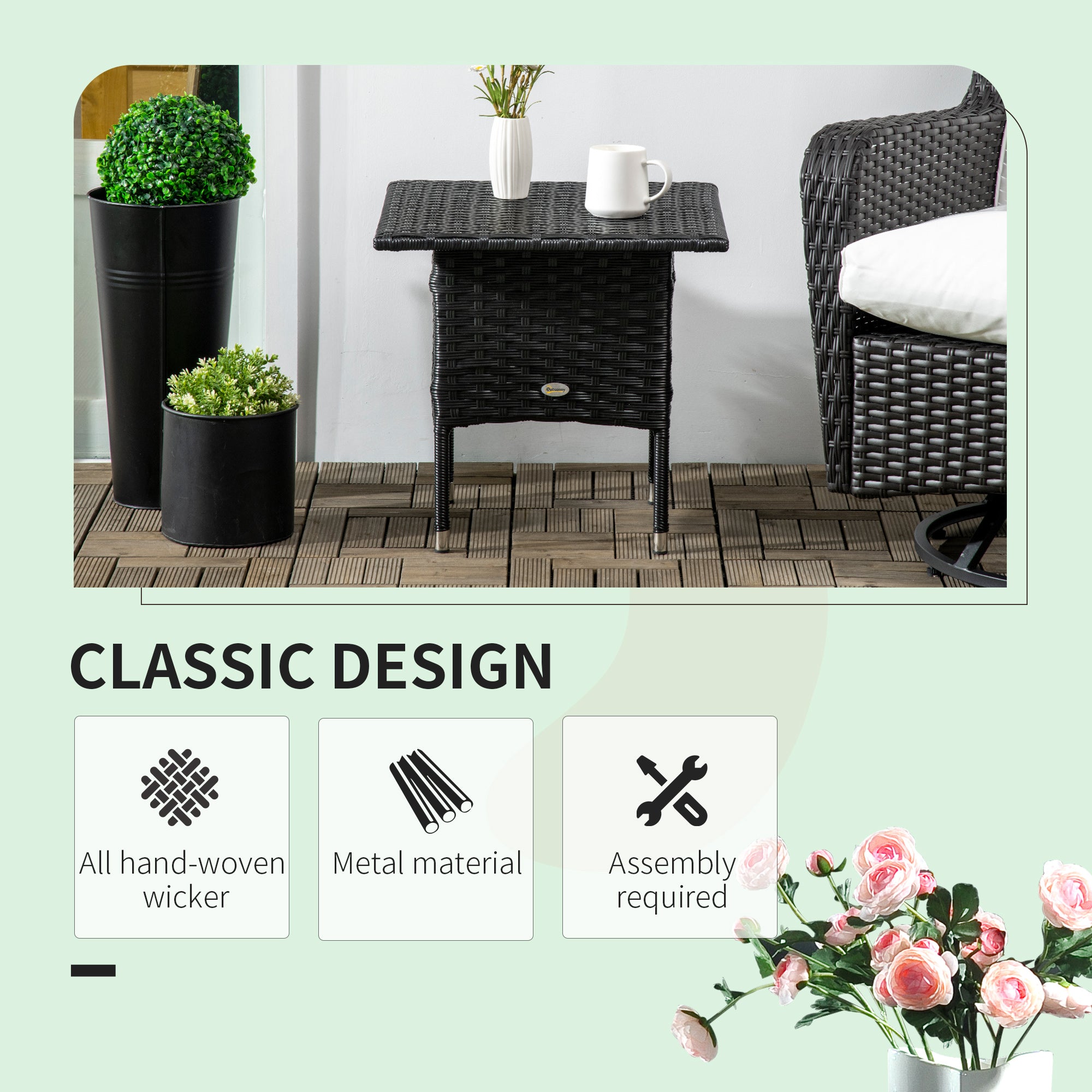 Outsunny Rattan Side Table, Outdoor Coffee Table with Plastic Board Under the Full Woven Table Top for Patio, Garden, Balcony, Black - North Peak Garden Furniture