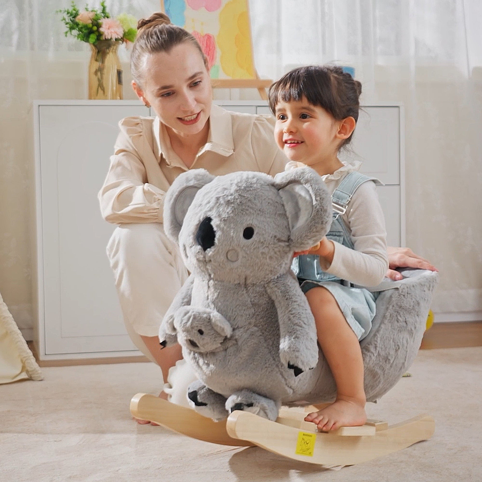 HOMCOM Kids Toddler Rocking Horse Plush Ride On Koala Rocker Wooden Base Seat Safety Belt w/ Gloved Doll Toy for 18-36 Months Grey - North Peak Garden Furniture