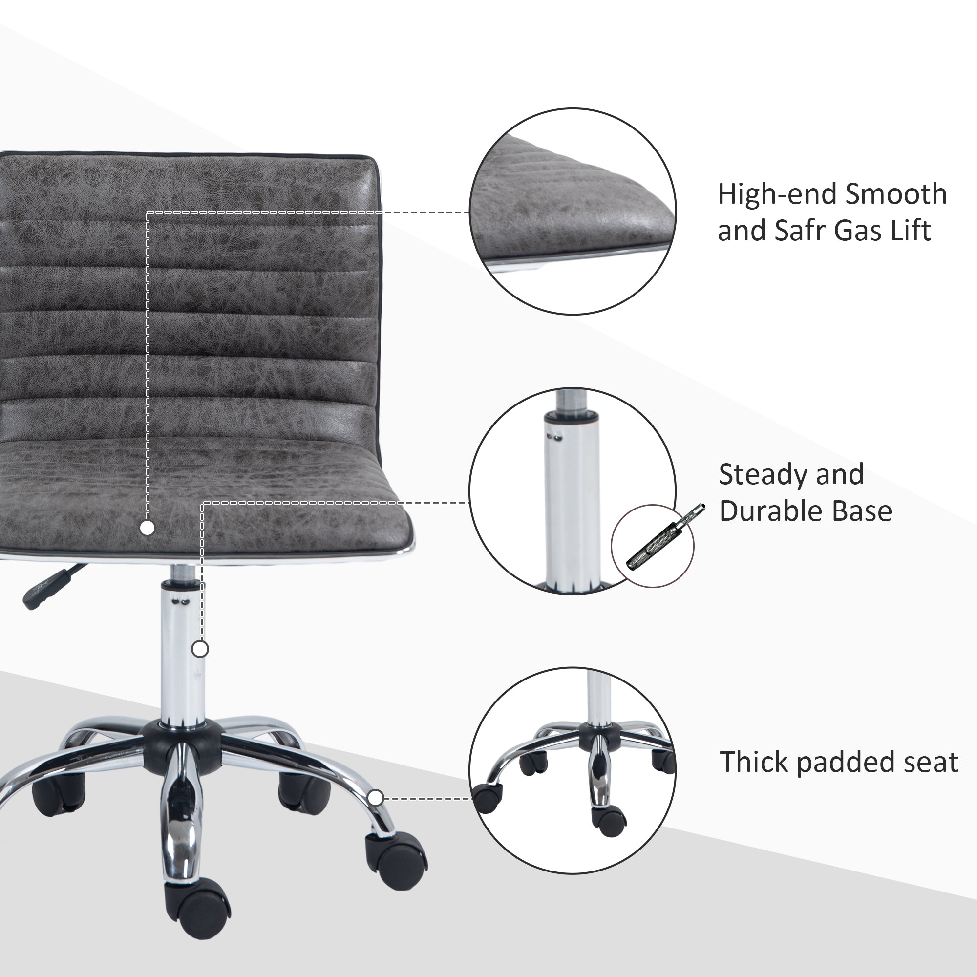 HOMCOM Adjustable Swivel Office Chair with Armless Mid-Back in Microfibre Cloth and Chrome Base - Grey - North Peak Garden Furniture