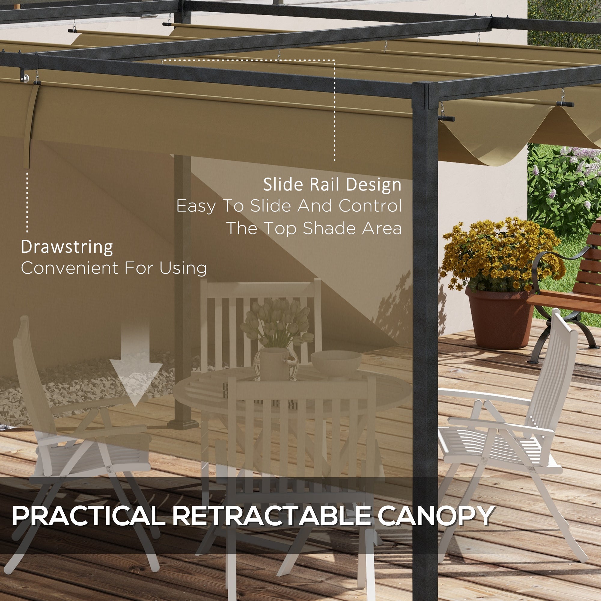 Outsunny 4 x 3(m) Metal Pergola with Retractable Roof, Garden Gazebo Canopy Shelter for Outdoor, Patio, Khaki - North Peak Garden Furniture
