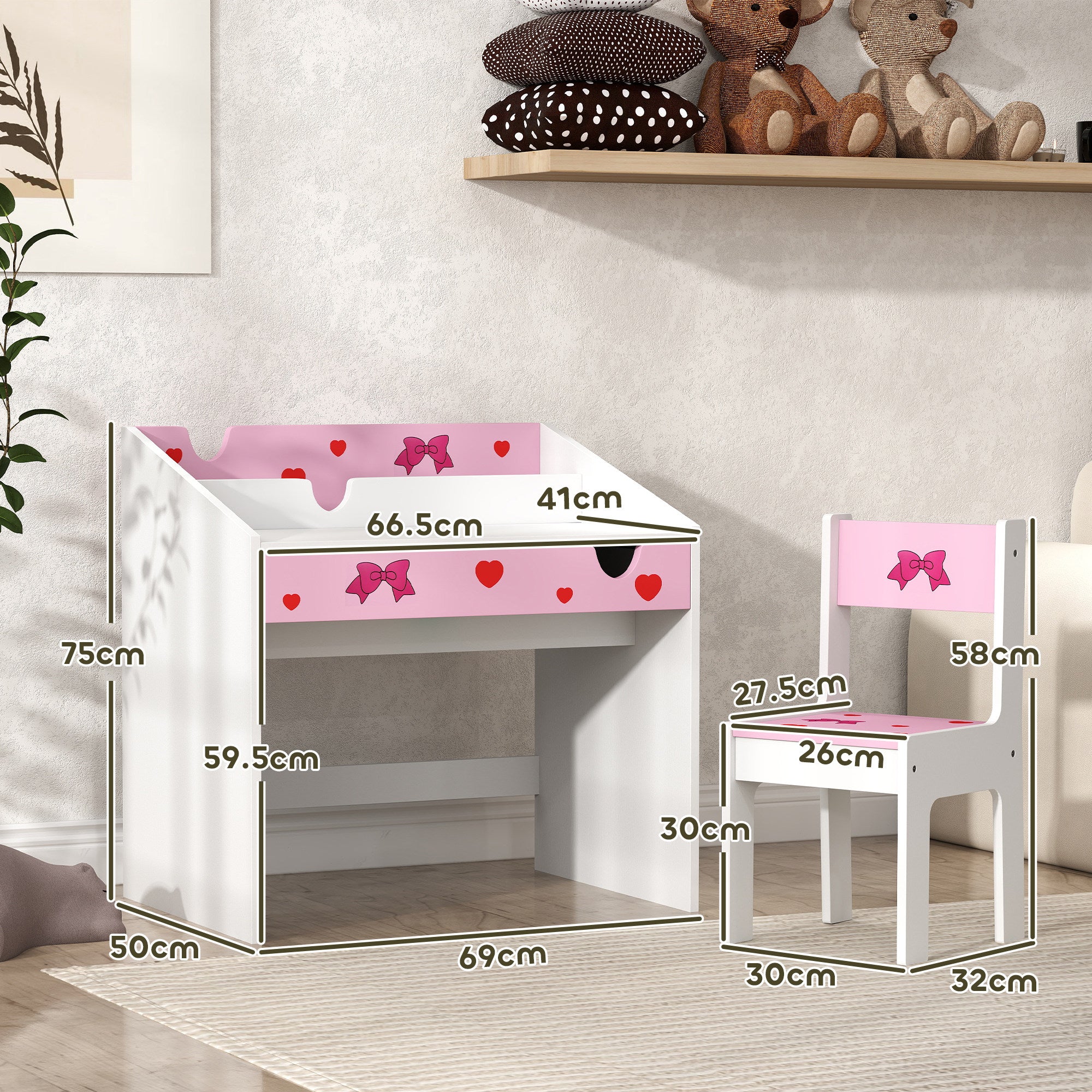 AIYAPLAY Children Study Table and Chair, Kids Desk and Chair Set with Storage, Pull-out Drawer, Gift for 3-6 Years Old - Pink - North Peak Garden Furniture