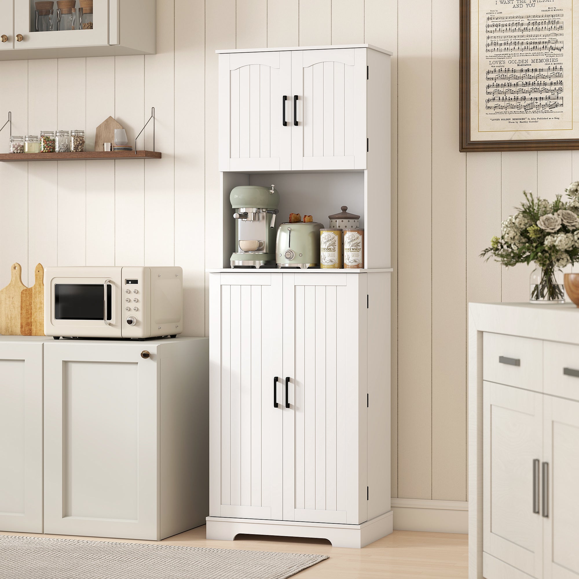 HOMCOM 181.5 cm Freestanding Storage Cabinet, Tall Kitchen Cupboard with Adjustable Shelves, 8 Door Spice Racks, White