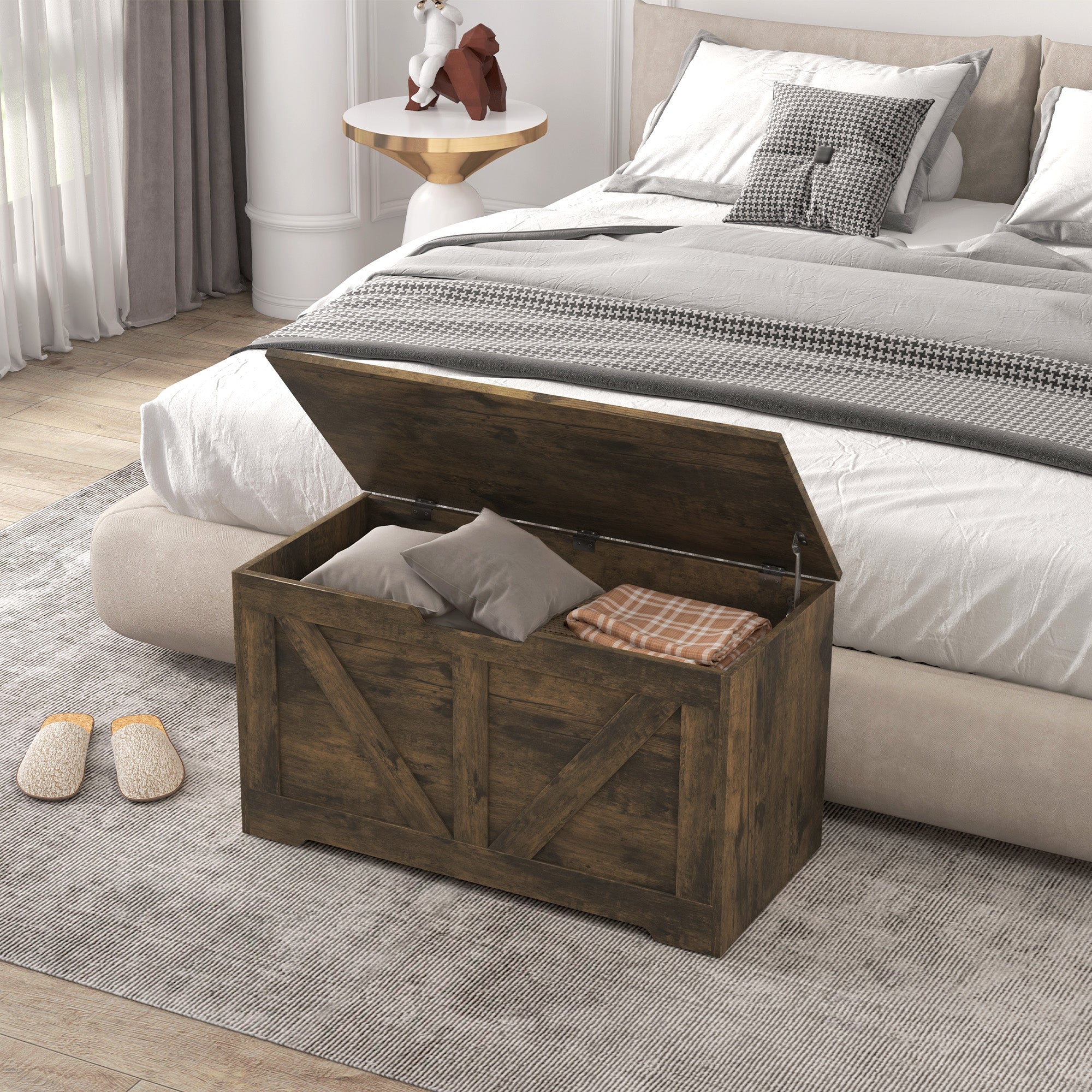 HOMCOM 100L Home Storage Box, with Safety Hinges - Rustic Brown