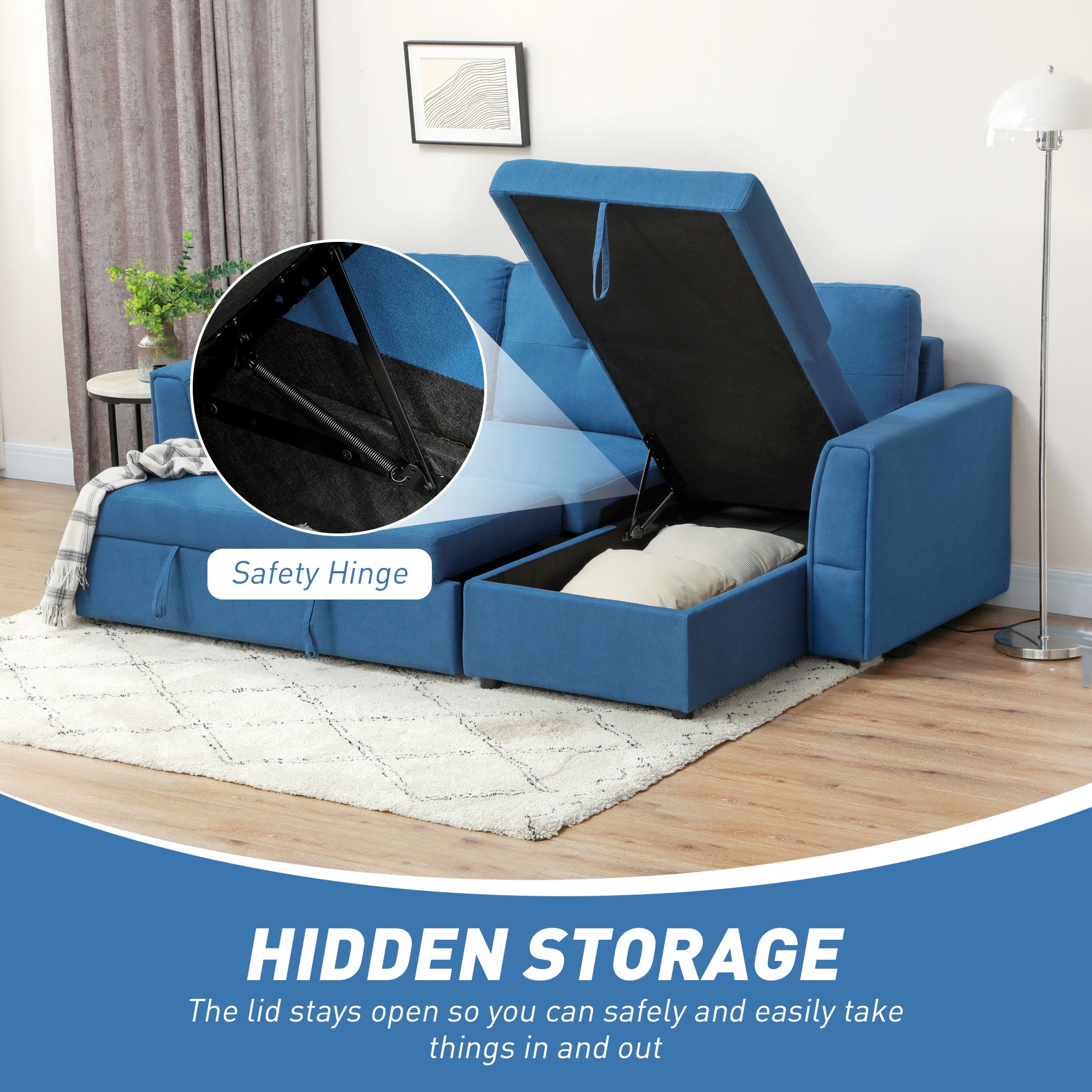 HOMCOM 3 Seater Sofa Bed, L-Shaped Corner Sofa, Pull Out Sofa with Storage, Convertible Click Clack Settee Sectional Sleeper Futon for Living Room, Office, Dark Blue - North Peak Garden Furniture