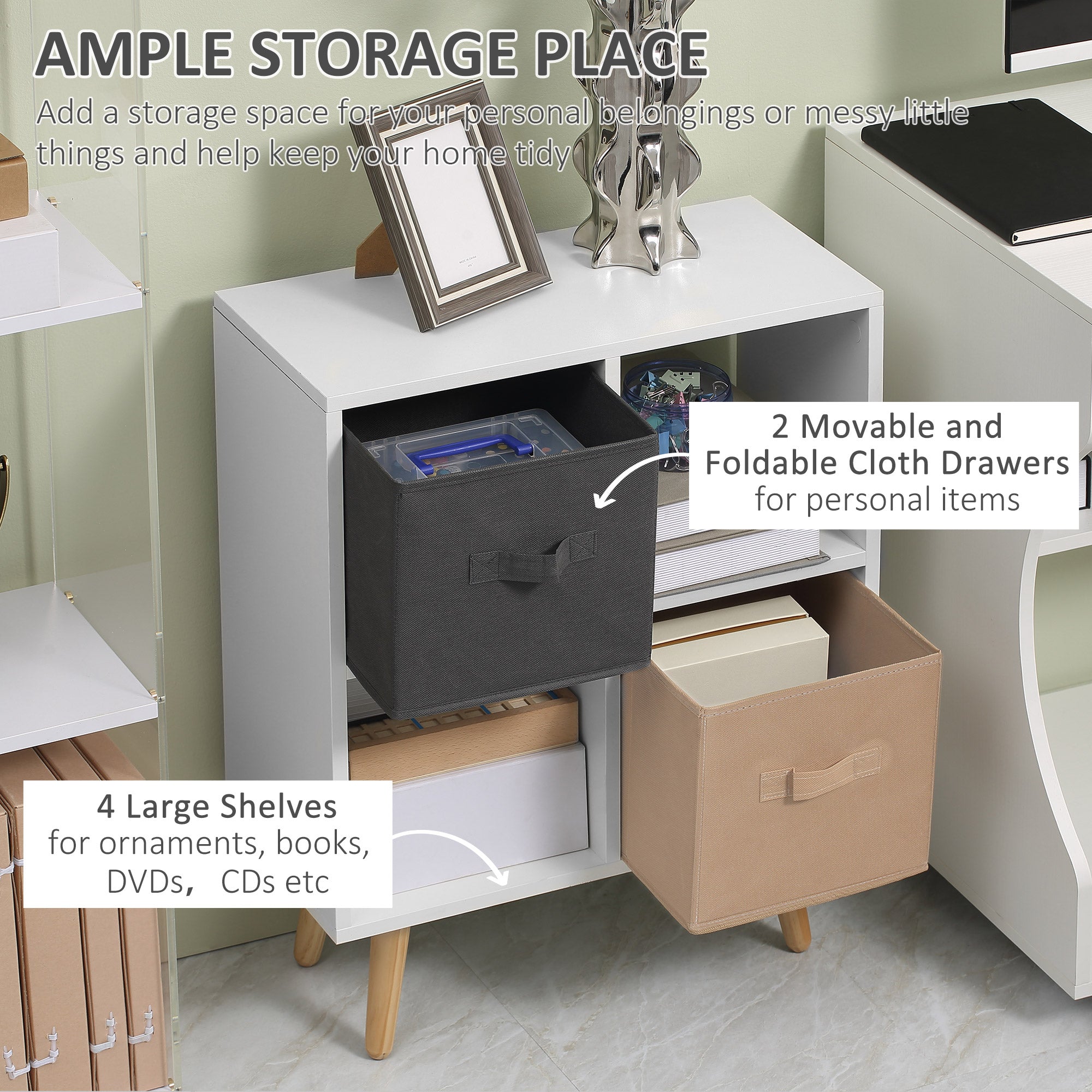 HOMCOM Freestanding 4 Cube Unit Cabinet Unit w/ 3 Fabric Drawers Handles Home Office Storage Shelves - North Peak Garden Furniture